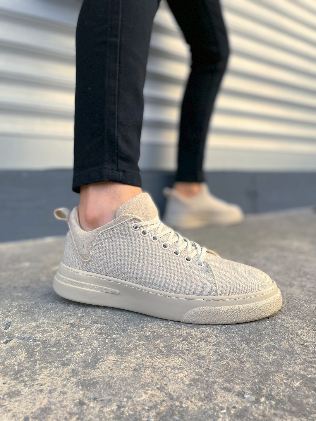 JY204 Flex Bağcıklı Keten Kumaş Erkek Günlük Sneaker Ayakkabı KKT - Krem