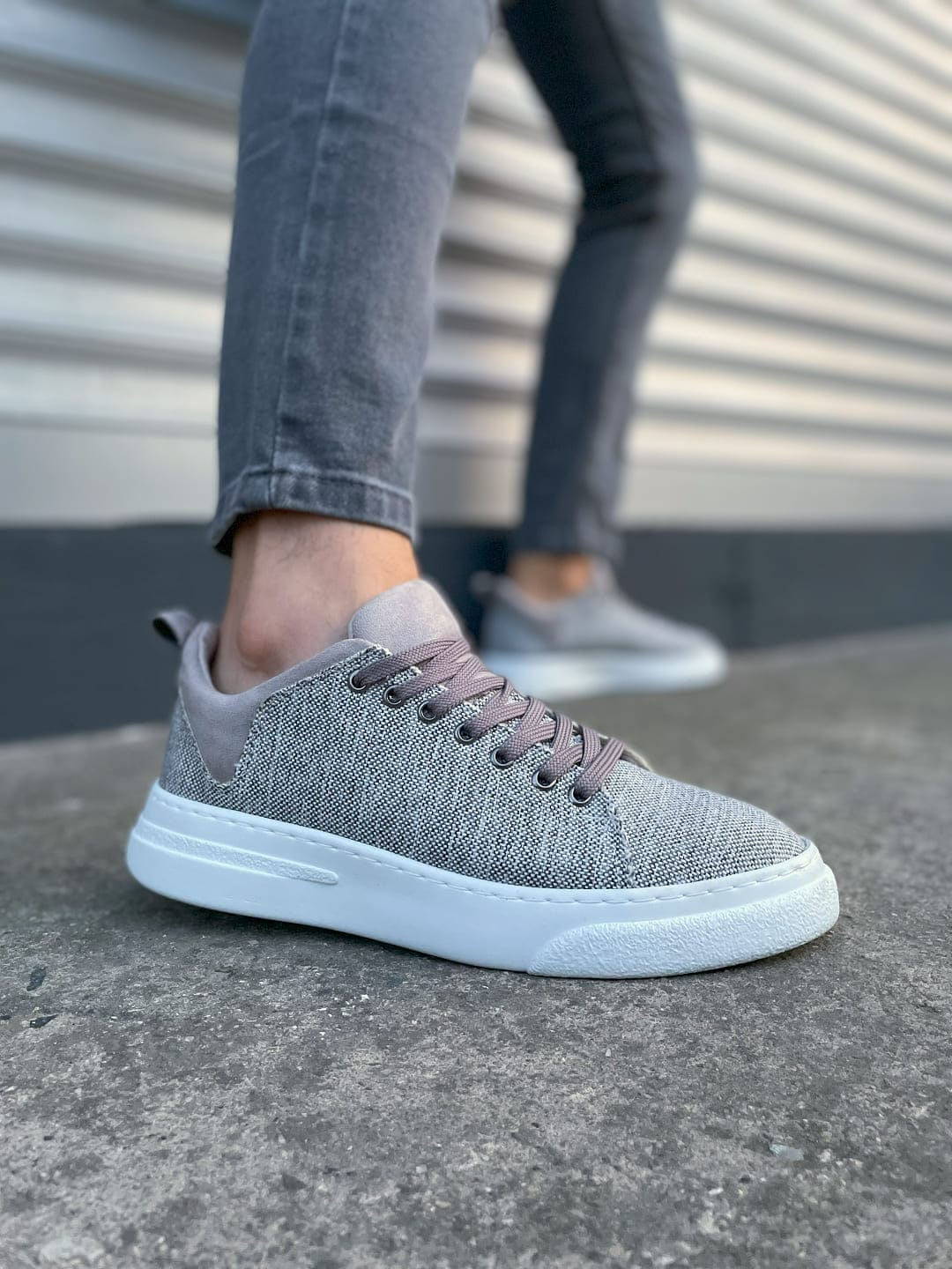 JY204 Flex Bağcıklı Keten Kumaş Erkek Günlük Sneaker Ayakkabı KBT - Gri