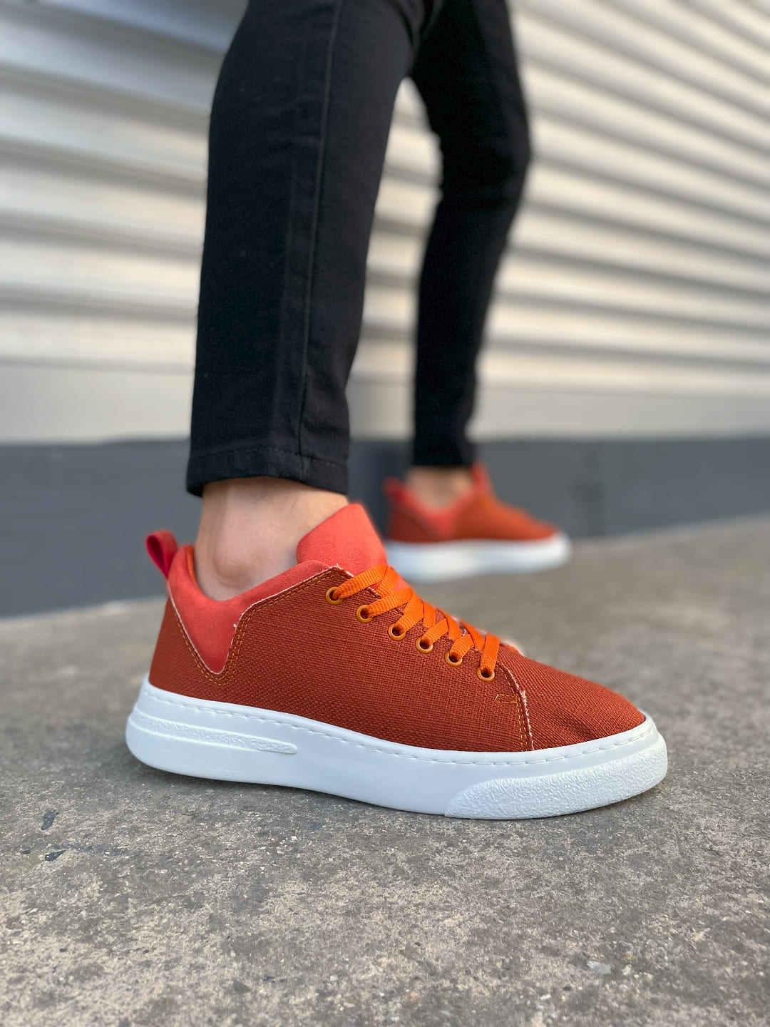 JY204 Flex Bağcıklı Keten Kumaş Erkek Günlük Sneaker Ayakkabı KBT - Turuncu