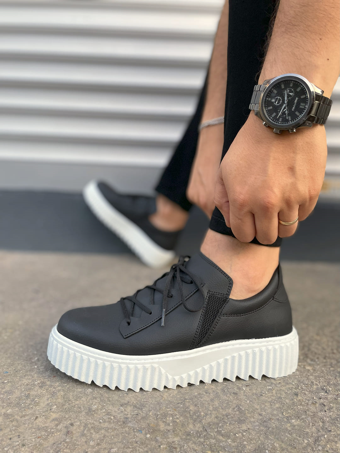 JY502 Bold Bağcıklı Cilt Erkek Günlük Sneaker Ayakkabı CBT - Siyah