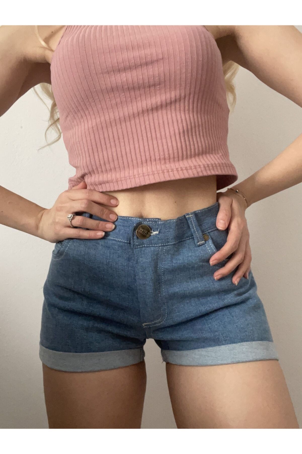 Kadın Basic Likralı Denim Şort