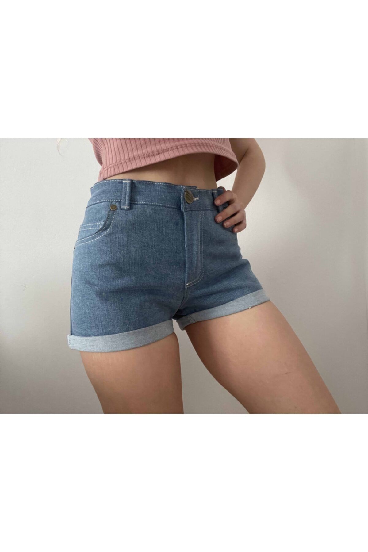Kadın Basic Likralı Denim Şort
