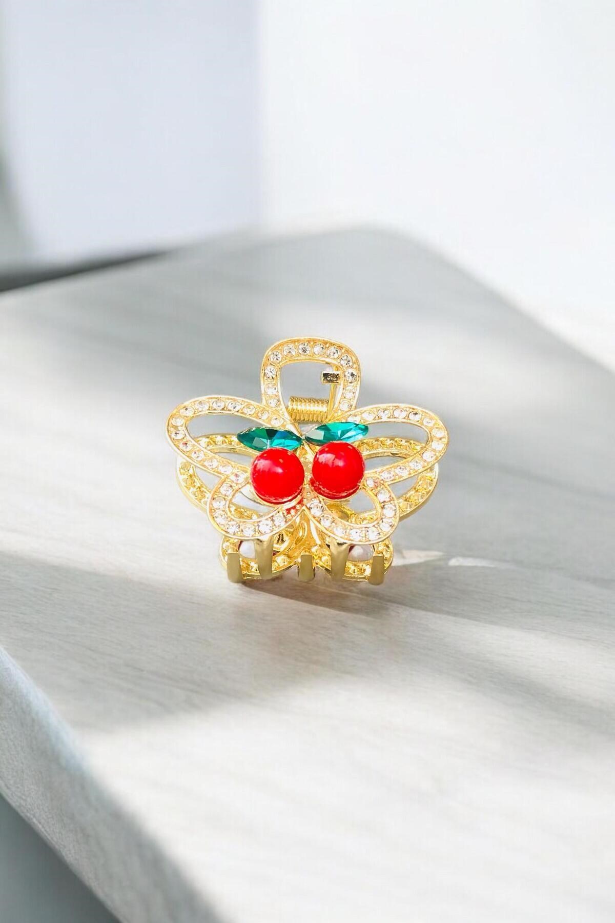 Kadın Gold Zirkon Taşlı Kiraz Detaylı Metal Toka ( 4,5 Cm )