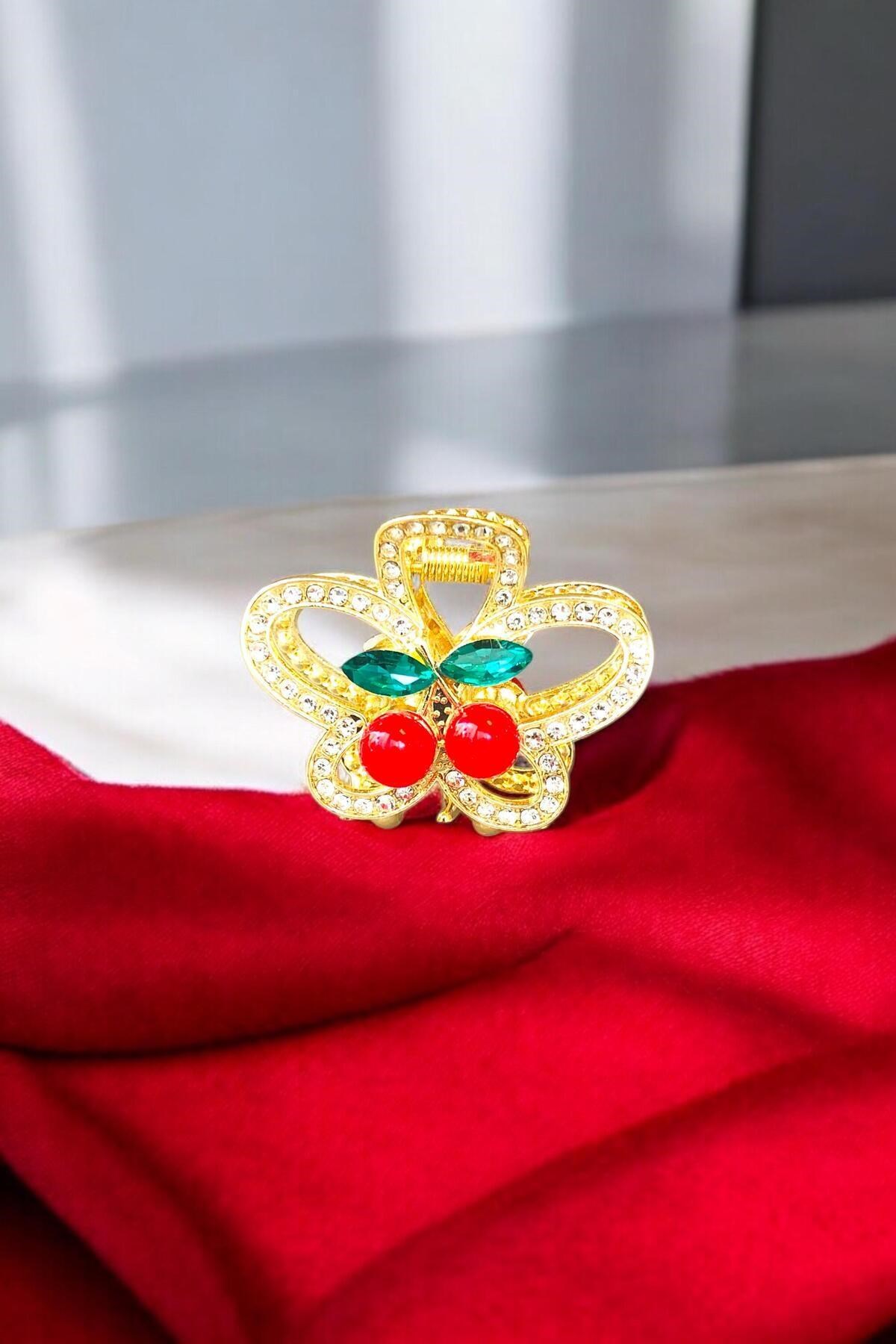 Kadın Gold Zirkon Taşlı Kiraz Detaylı Metal Toka ( 4,5 Cm )