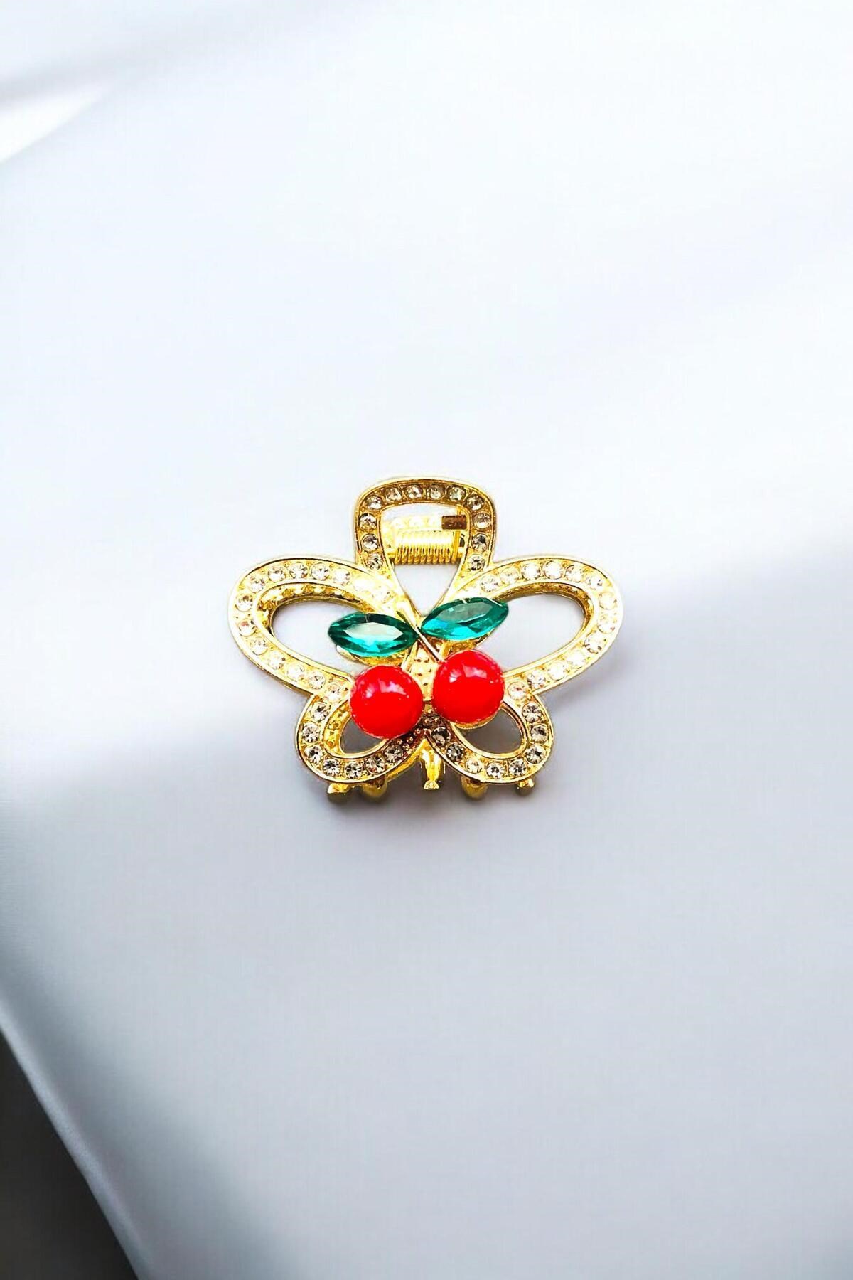 Kadın Gold Zirkon Taşlı Kiraz Detaylı Metal Toka ( 4,5 Cm )