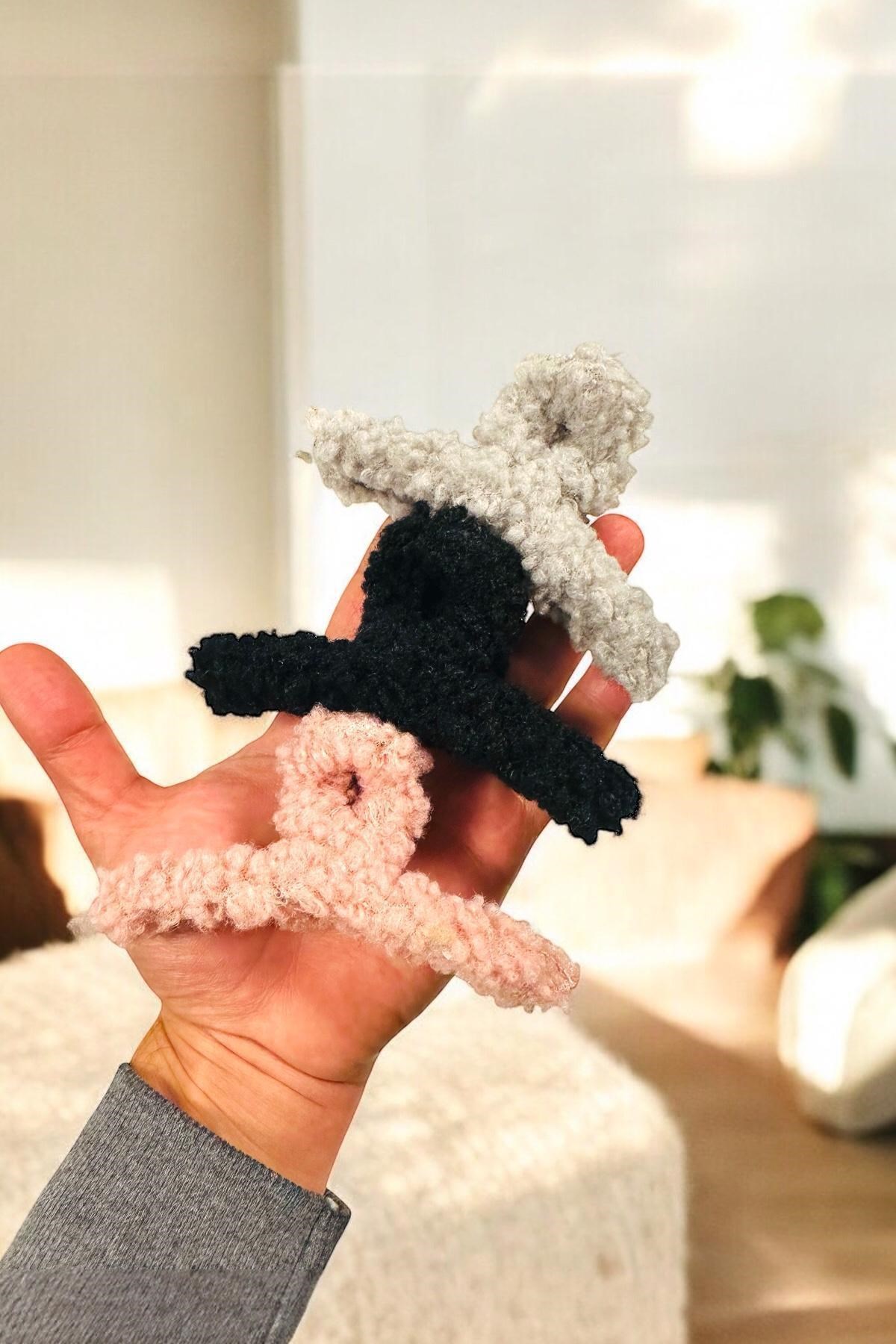 Kadın Peluş Model Kırçıllı 3 Adet Büyük Boy 11 Cm Mandal Toka Seti