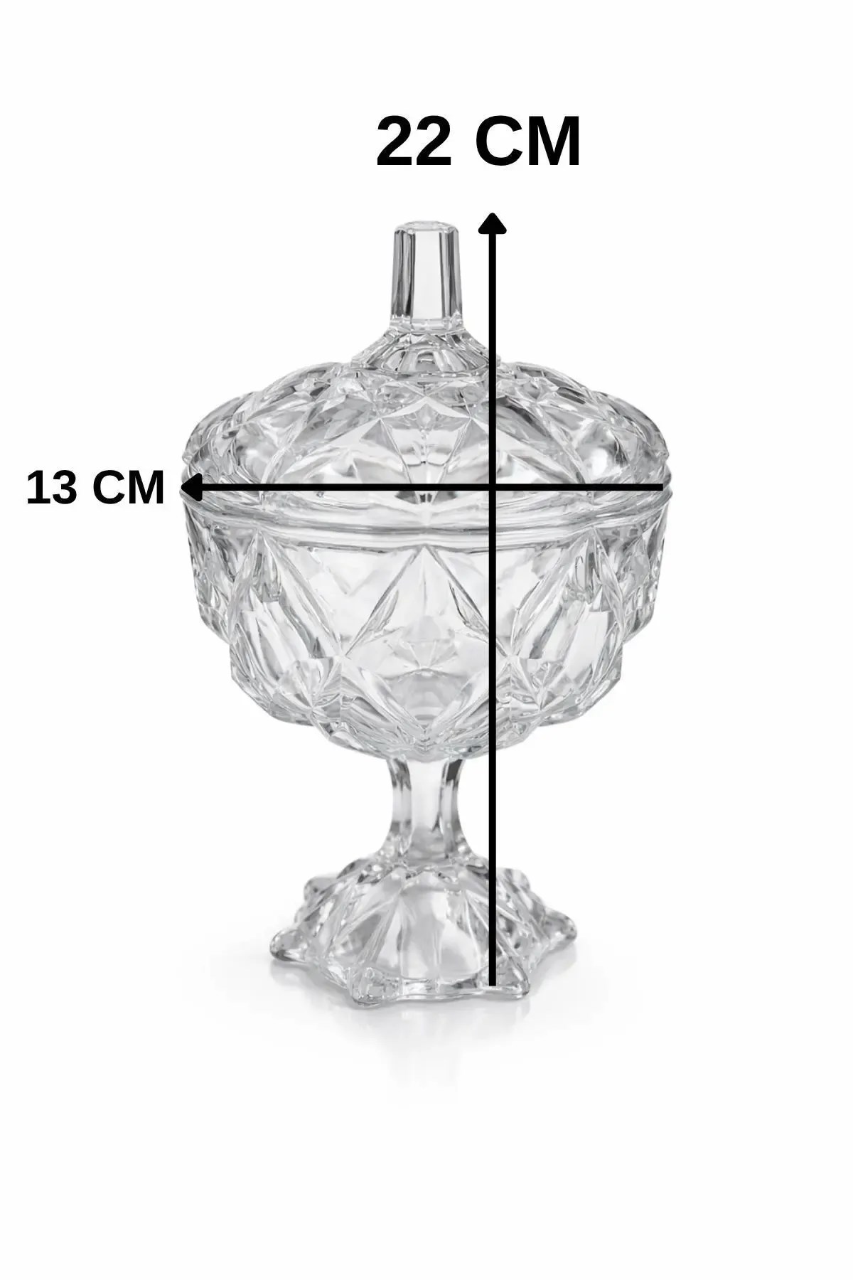 Kapaklı Cam Şekerlik Ayaklı Kristal Görünümlü Lokumluk 22 cm