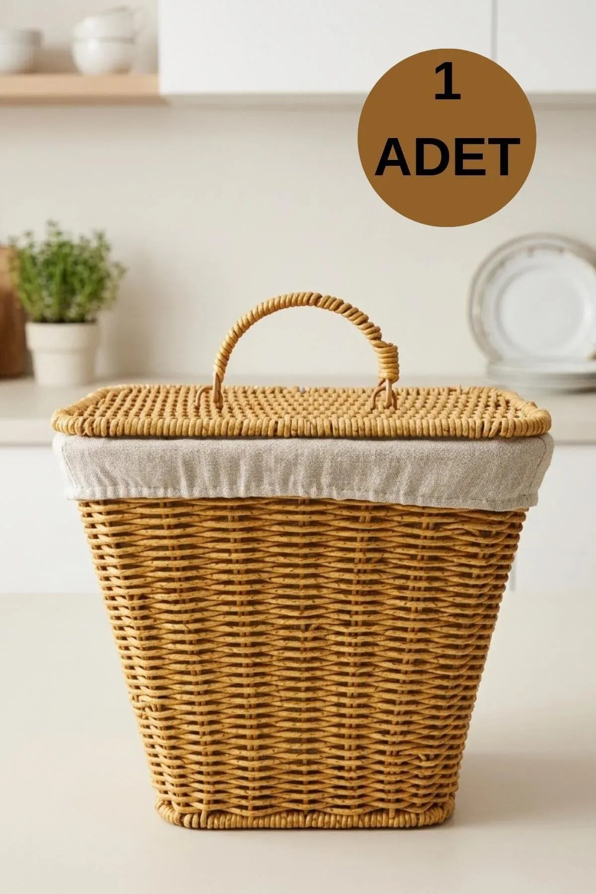 Kapaklı Örme Patates Soğan Sepeti – Bezli Kare Rattan Sebzelik