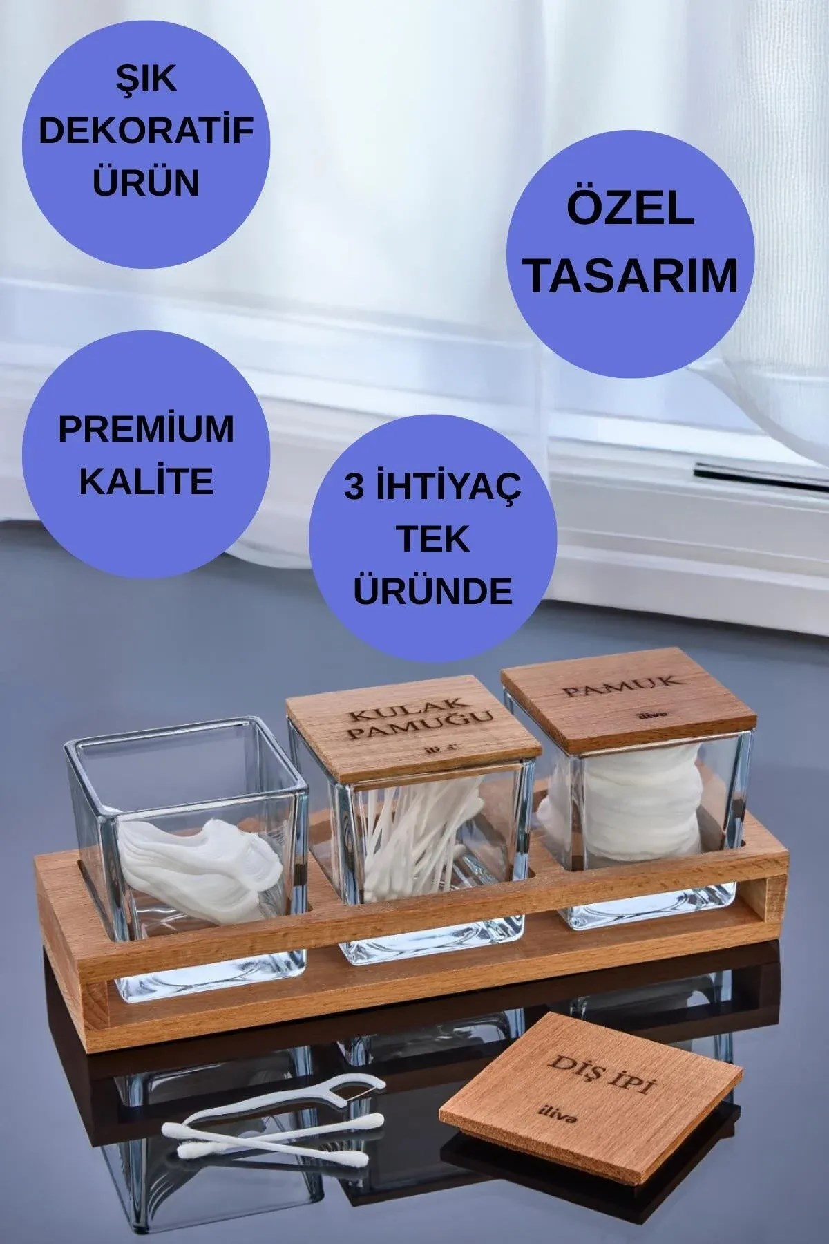 Kayın Ahşap Standlı 3'lü Cam Banyo Pamukluğu & Organizeri