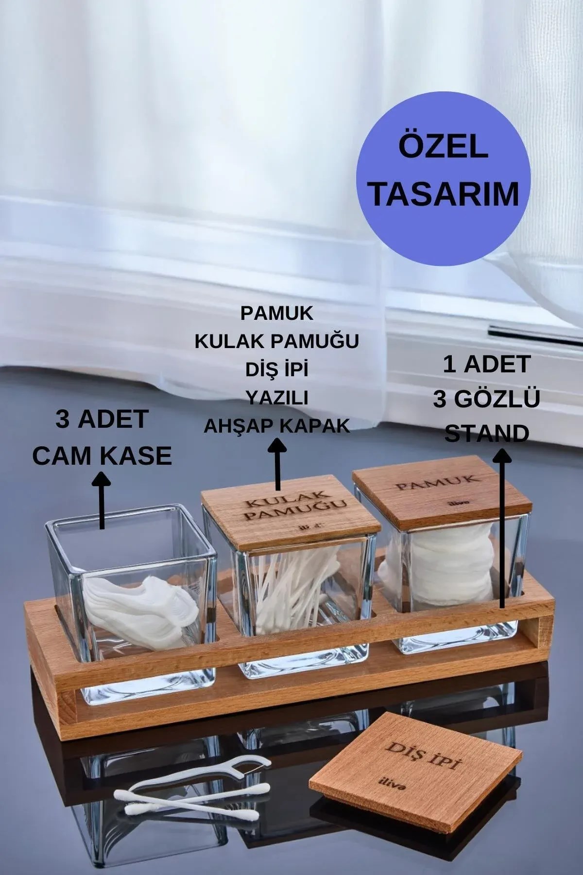Kayın Ahşap Standlı 3'lü Cam Banyo Pamukluğu & Organizeri