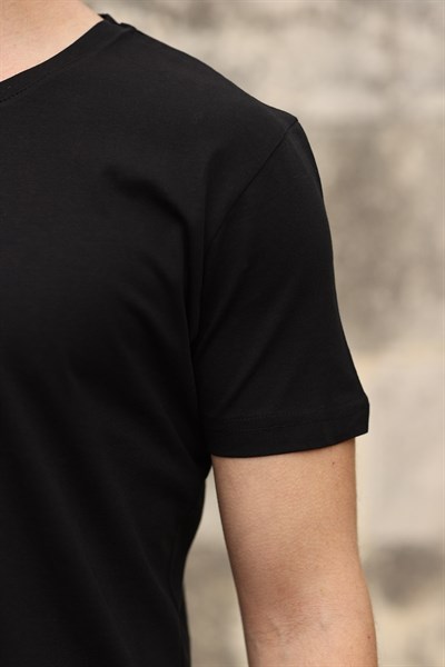 Kısa Kol Uzun Bisiklet Yaka Siyah Basic Erkek T-Shirt
