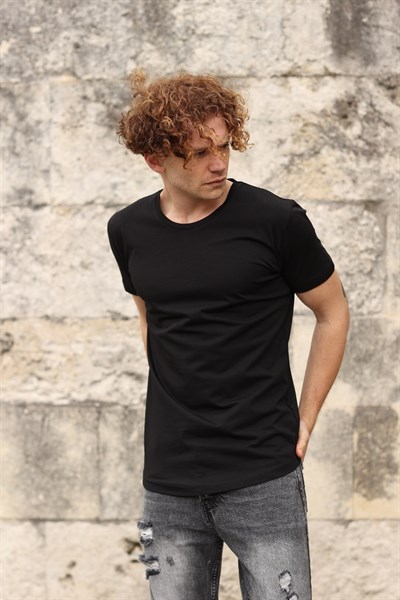 Kısa Kol Uzun Bisiklet Yaka Siyah Basic Erkek T-Shirt