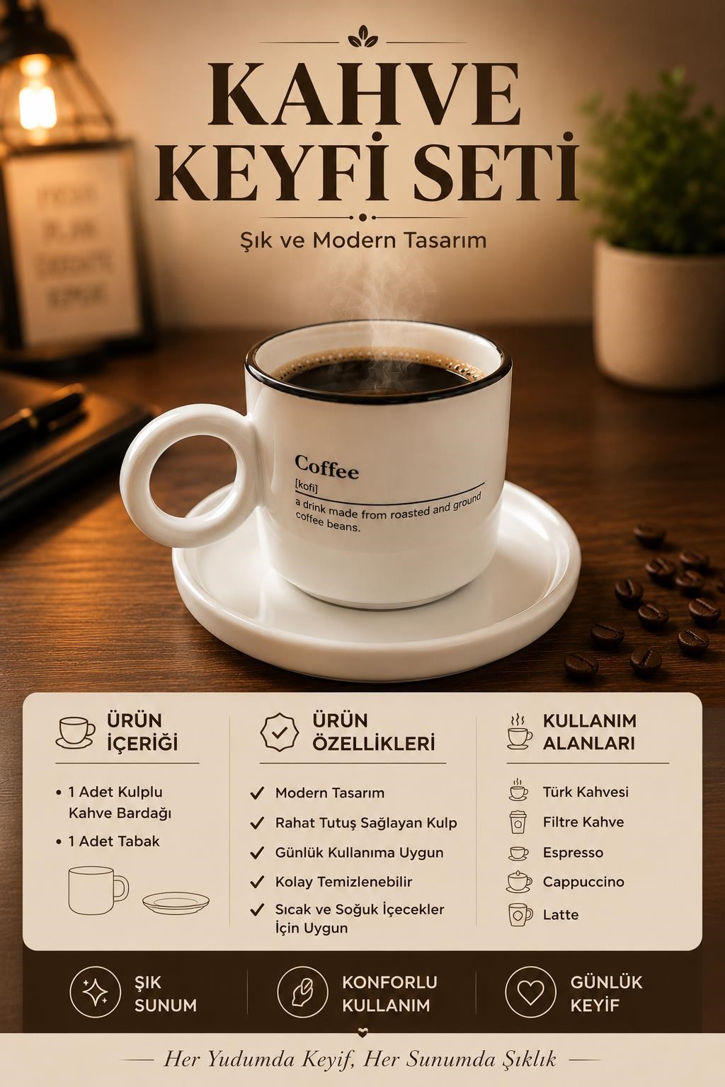 Kulplu Kahve Bardağı ve Tabak Seti Modern Tasarım Kahve Kupası Türk Kahvesi Espresso Latte Sunum Set