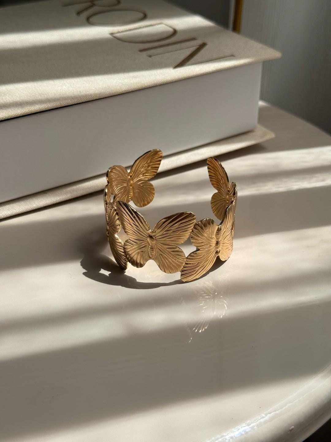 Large Butterfly Cuff Bracelet Adjustable Gold Plated Stainless Steel Jewelry for Women