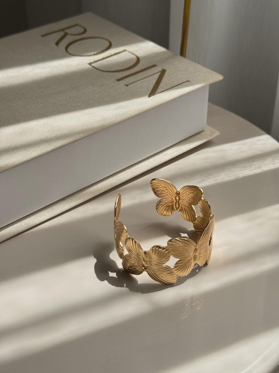 Large Butterfly Cuff Bracelet Adjustable Gold Plated Stainless Steel Jewelry for Women