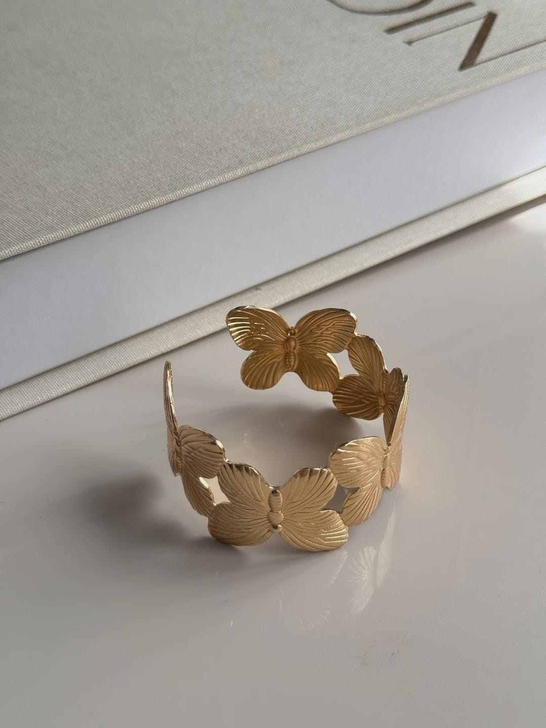 Large Butterfly Cuff Bracelet Adjustable Gold Plated Stainless Steel Jewelry for Women
