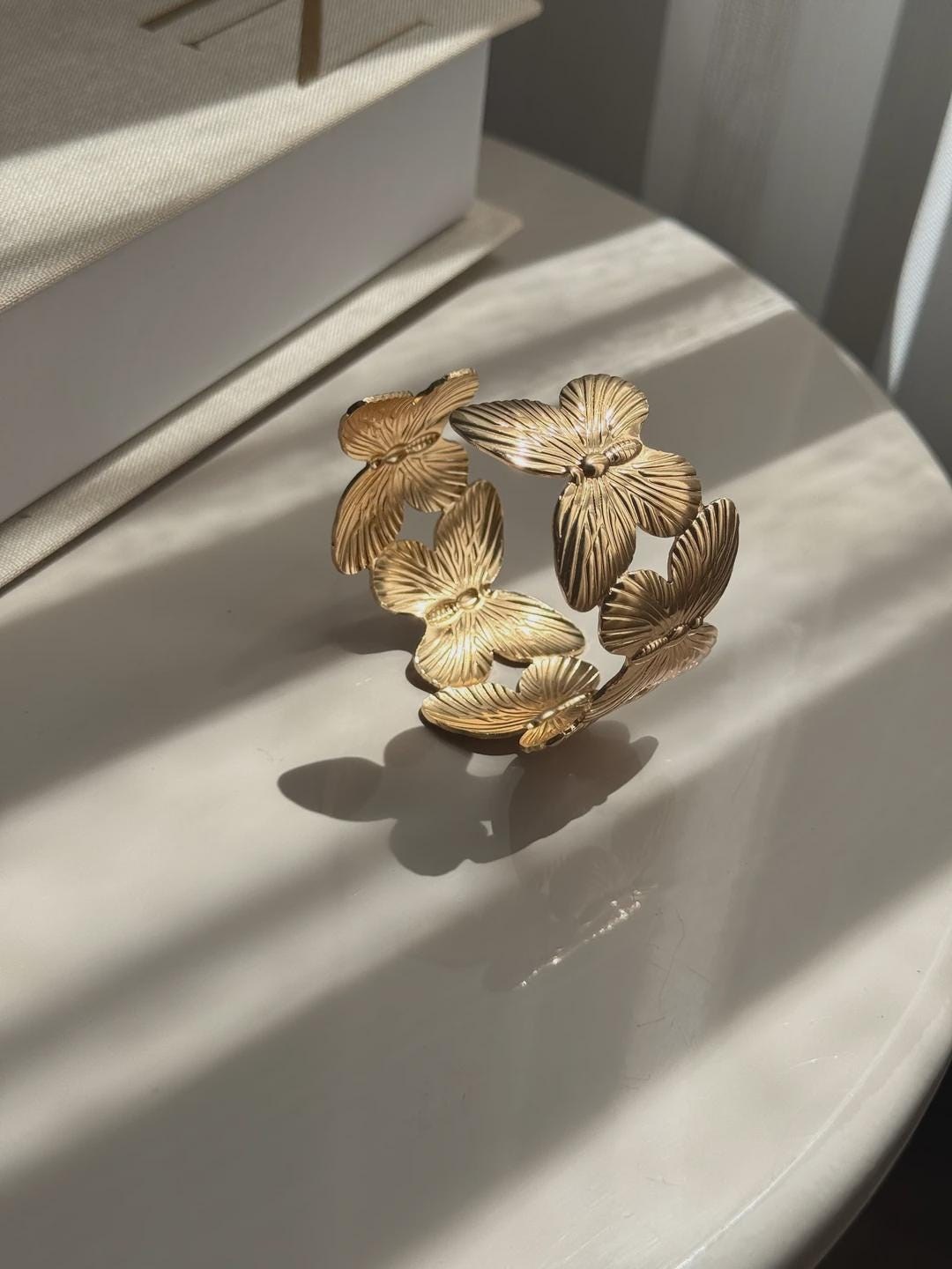 Large Butterfly Cuff Bracelet Adjustable Gold Plated Stainless Steel Jewelry for Women