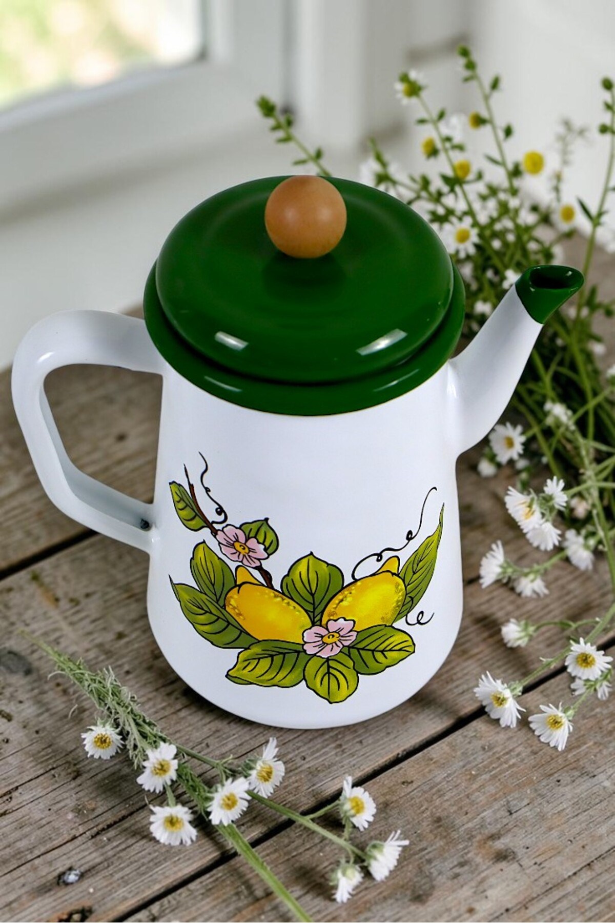 Limon Desen Yeşil Kapak Yağdanlık, Kahve Demliği ,Çay Demliği , Kahve Potu , Kamp Demliği ,Hediye