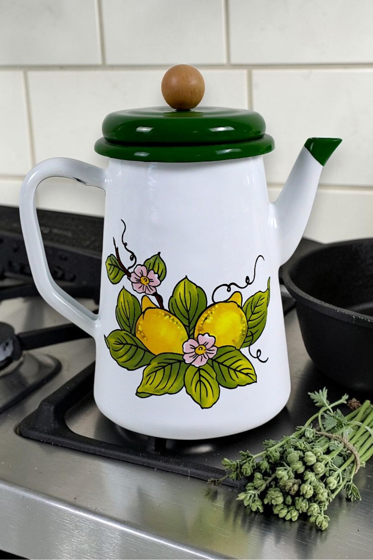 Limon Desen Yeşil Kapak Yağdanlık, Kahve Demliği ,Çay Demliği , Kahve Potu , Kamp Demliği ,Hediye