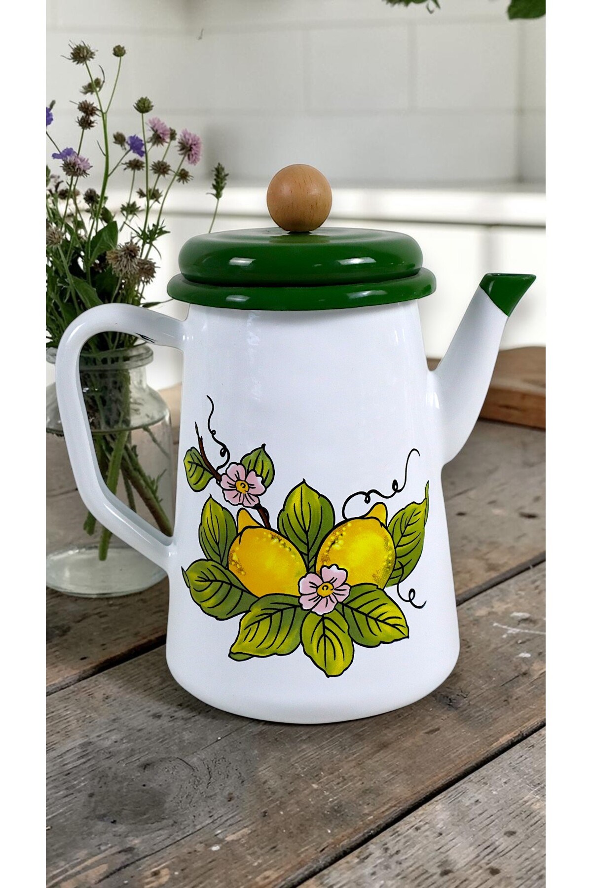 Limon Desen Yeşil Kapak Yağdanlık, Kahve Demliği ,Çay Demliği , Kahve Potu , Kamp Demliği ,Hediye
