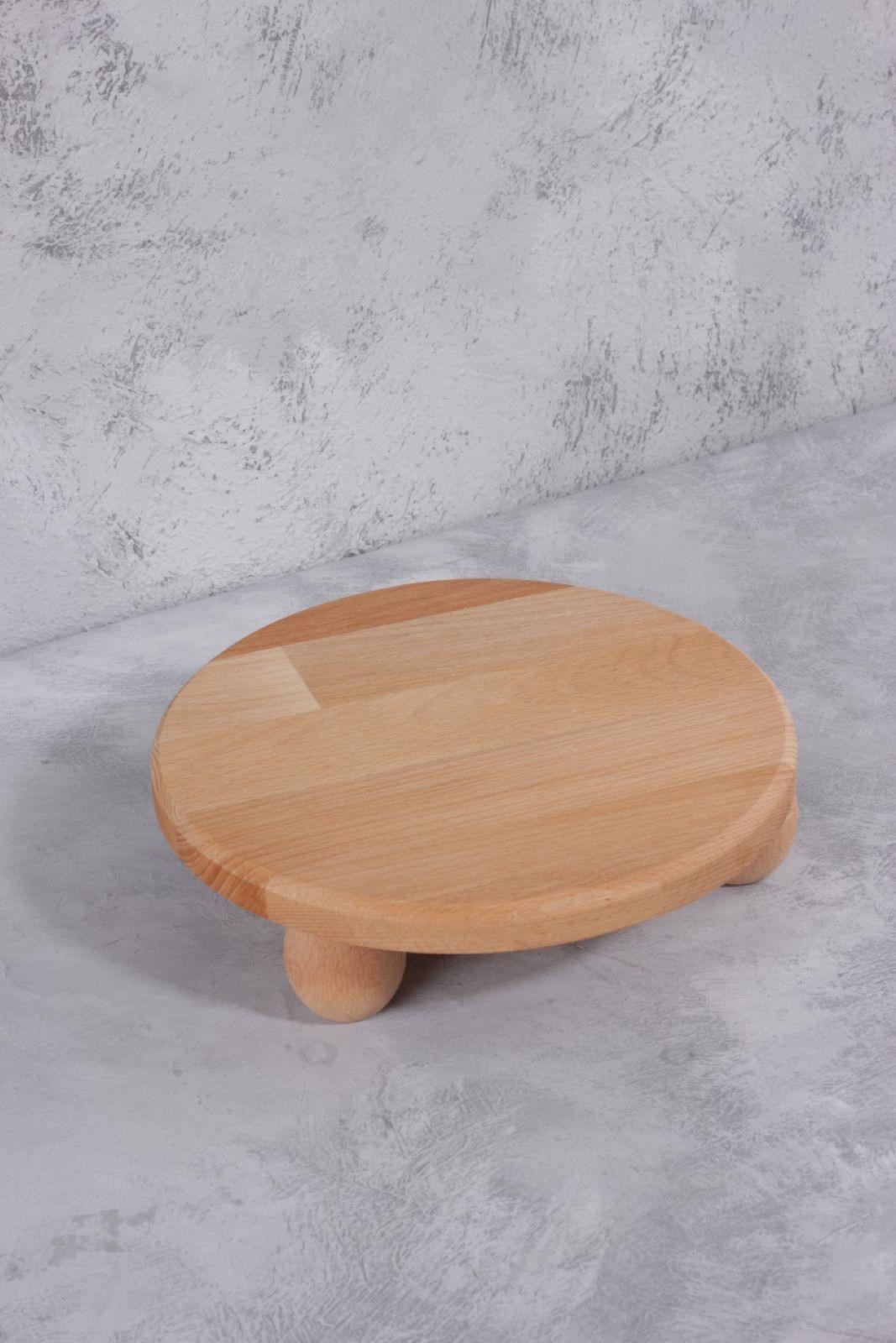 Lüks Ahşap Sunumluk - Top Ayaklı Yuvarlak Sunum Tabağı - Kahve, Peynir, Pasta Sunum Standı - 25 cm