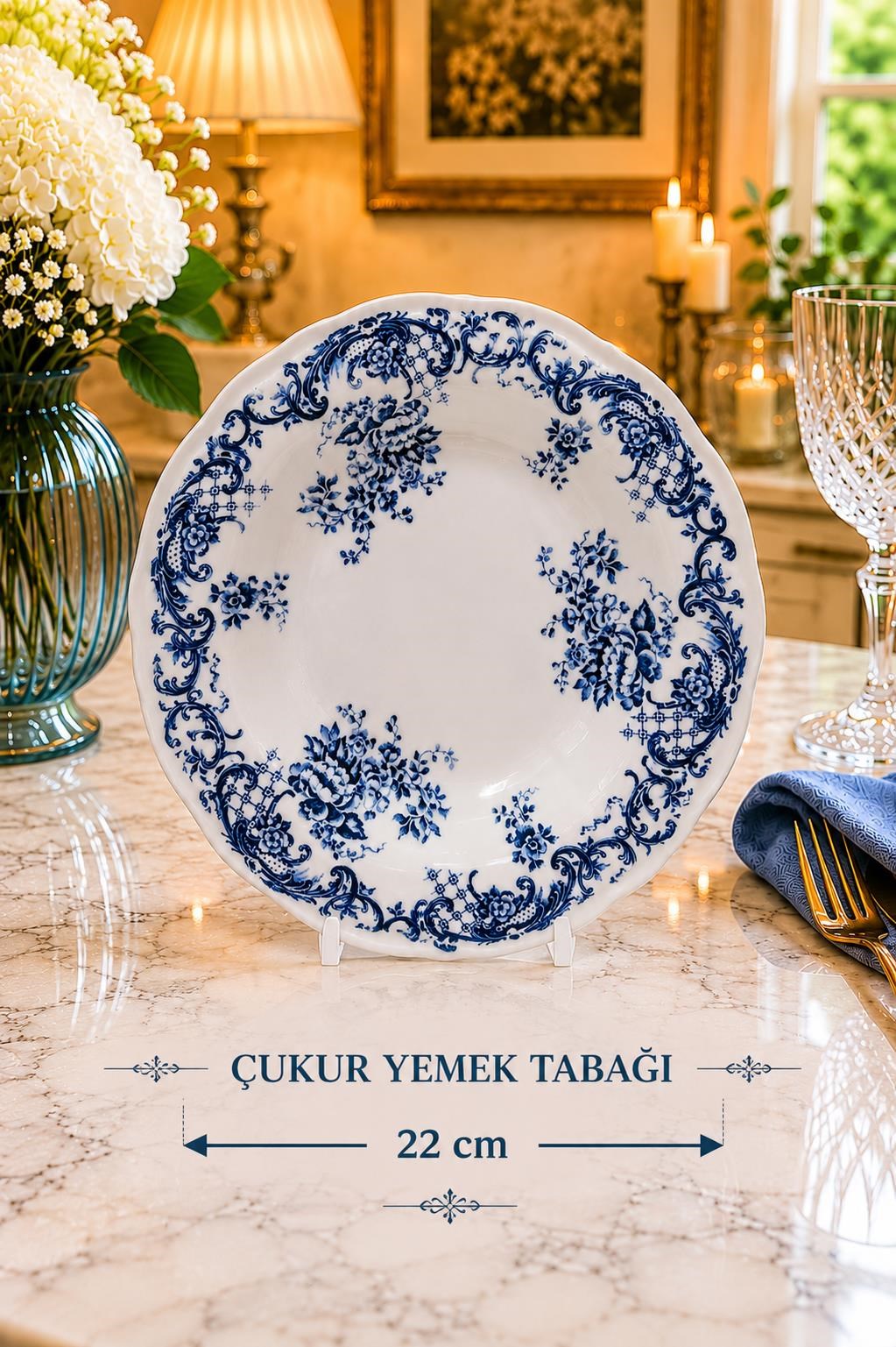 Mavi Çiçek Desenli Porselen Yemek Takımı 6 Kişilik 24 Parça