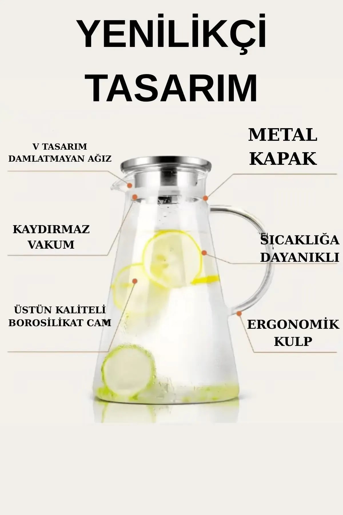Metal Kapaklı Borosilikat Cam Sürahi 1.8 Litre – Isıya Dayanıklı