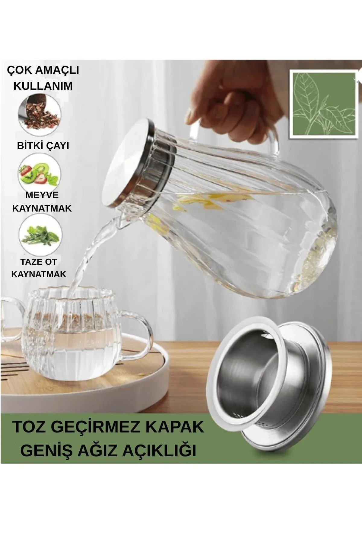 Metal Kapaklı Çizgili Cam Sürahi 1800 ml – Borosilikat Cam Demlik Sürahi