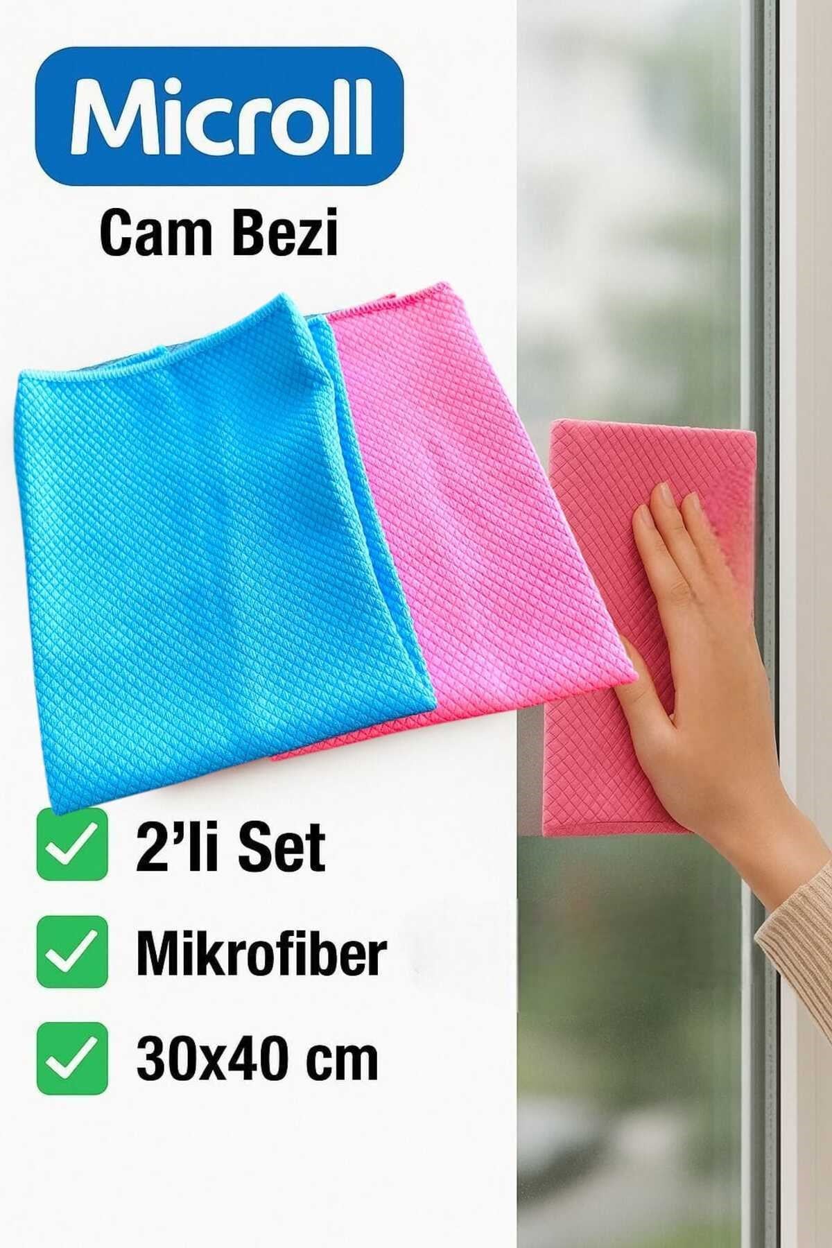 Microll 2'li Mikrofiber Cam Bezi | Pembe & Mavi | İz Bırakmaz – Tüy Bırakmaz – 30x40 cm