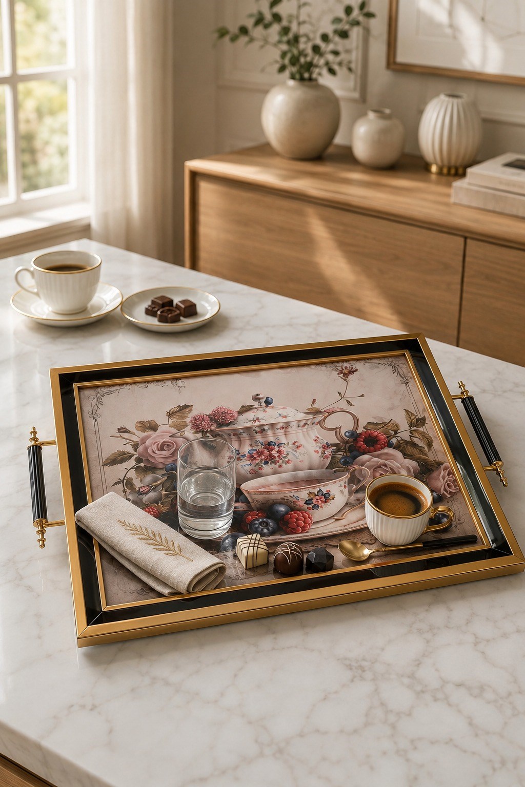 Minyatür Floral Çay Demlik Tepsi | Dekoratif Tepsi 47.5×28 cm