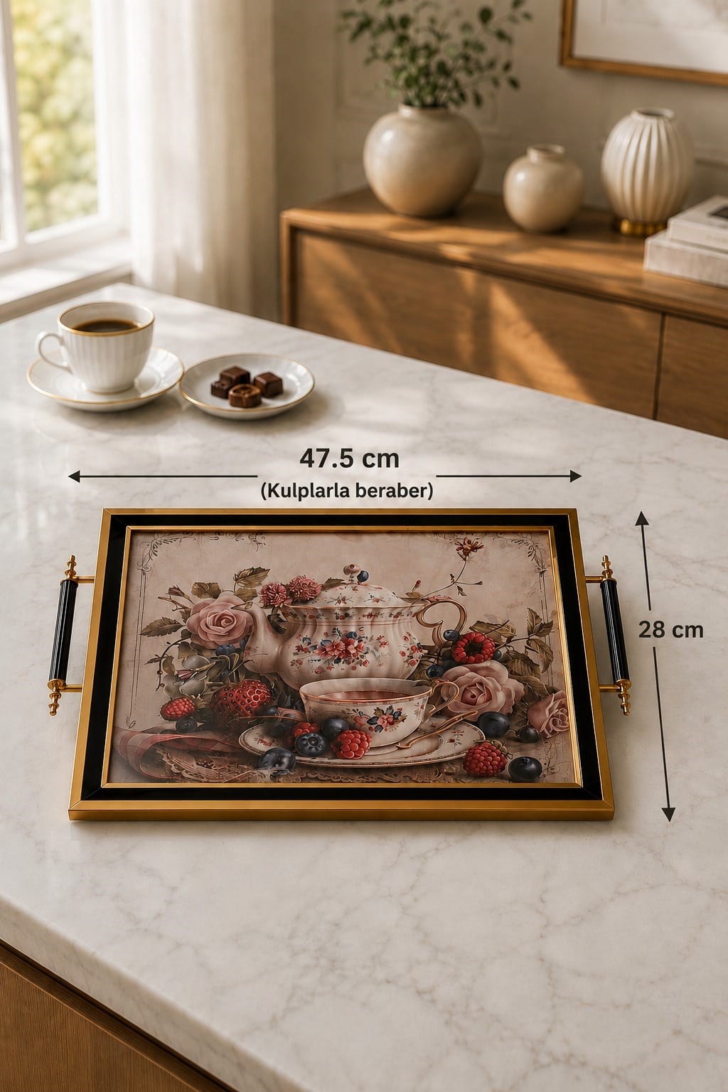 Minyatür Floral Çay Demlik Tepsi | Dekoratif Tepsi 47.5×28 cm