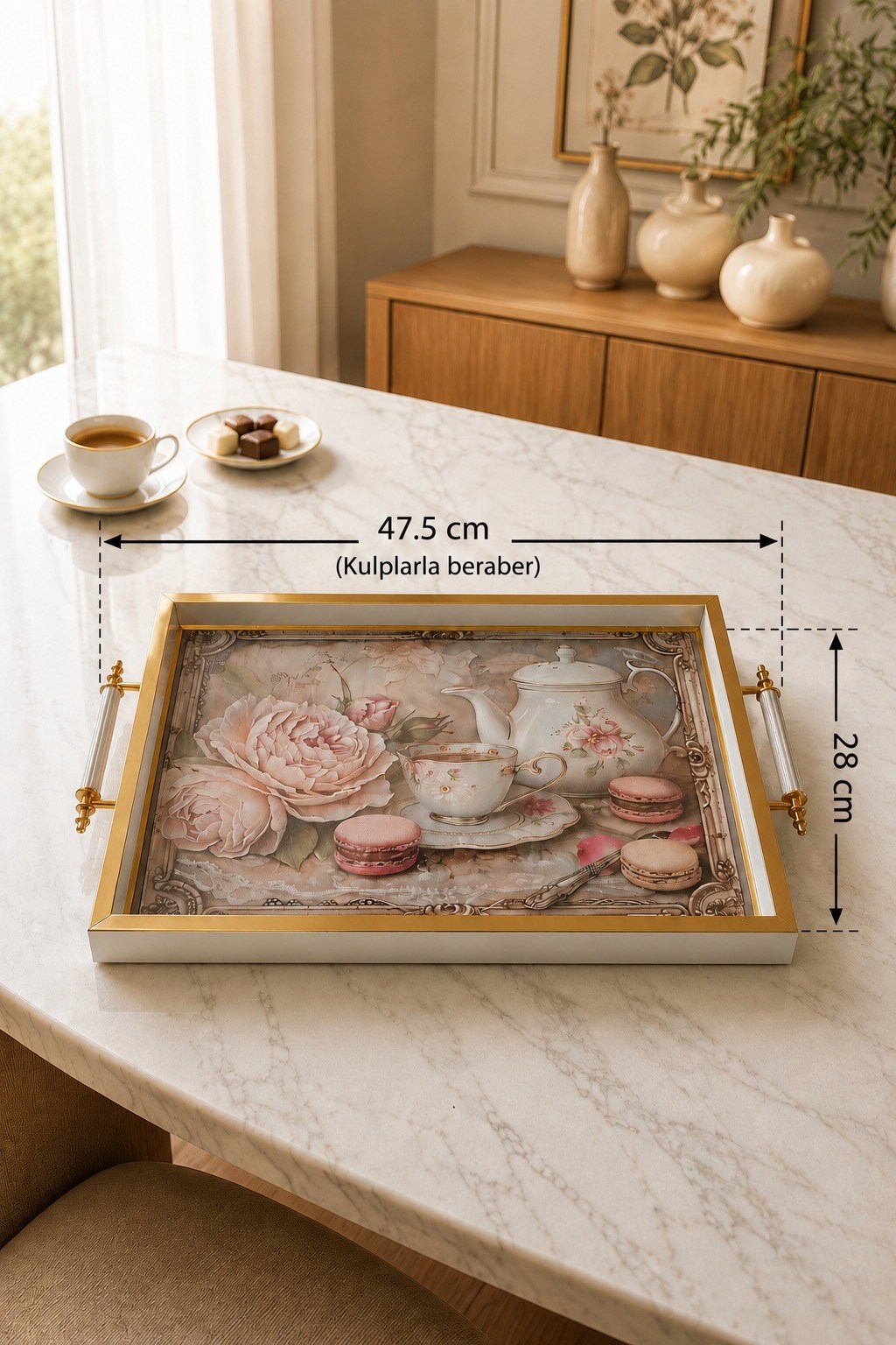 Minyatür Floral Çay Tepsi | Dekoratif Tepsi 47.5×28 cm