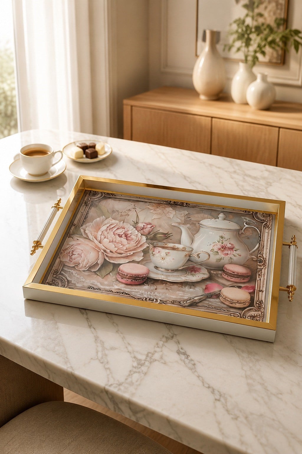 Minyatür Floral Çay Tepsi | Dekoratif Tepsi 47.5×28 cm