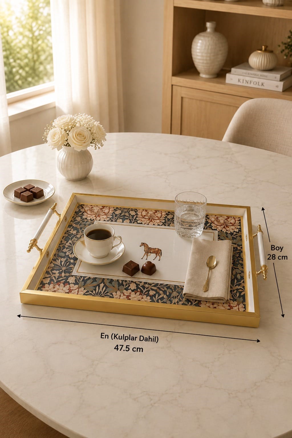 Minyatür Floral Desenli Tepsi | Dekoratif Tepsi 47.5×28 cm