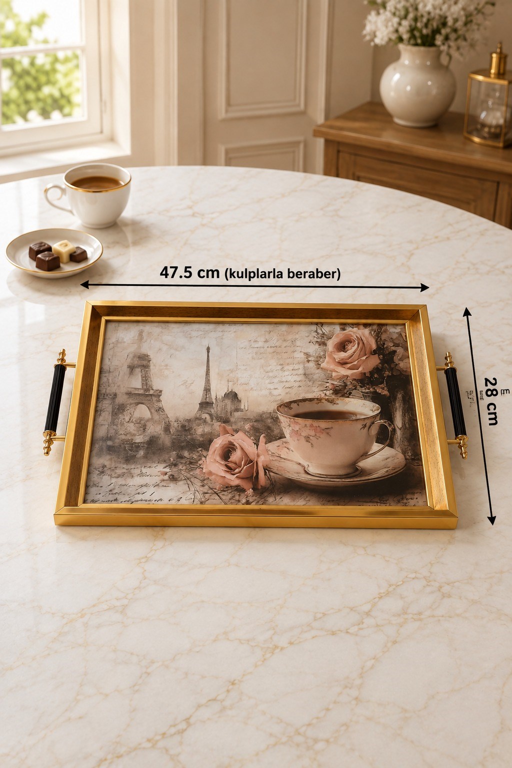 Minyatür Floral Fincan Motifli Dikdörtgen Tepsi 47.5x28 cm