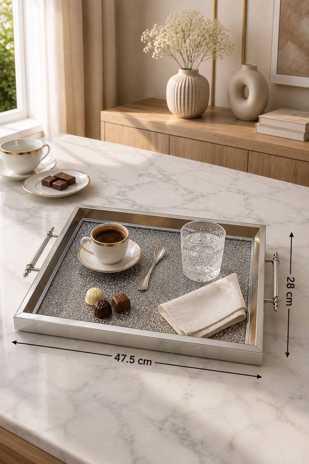 Minyatür Gri Desenli Dikdörtgen Tepsi 47.5x28 cm