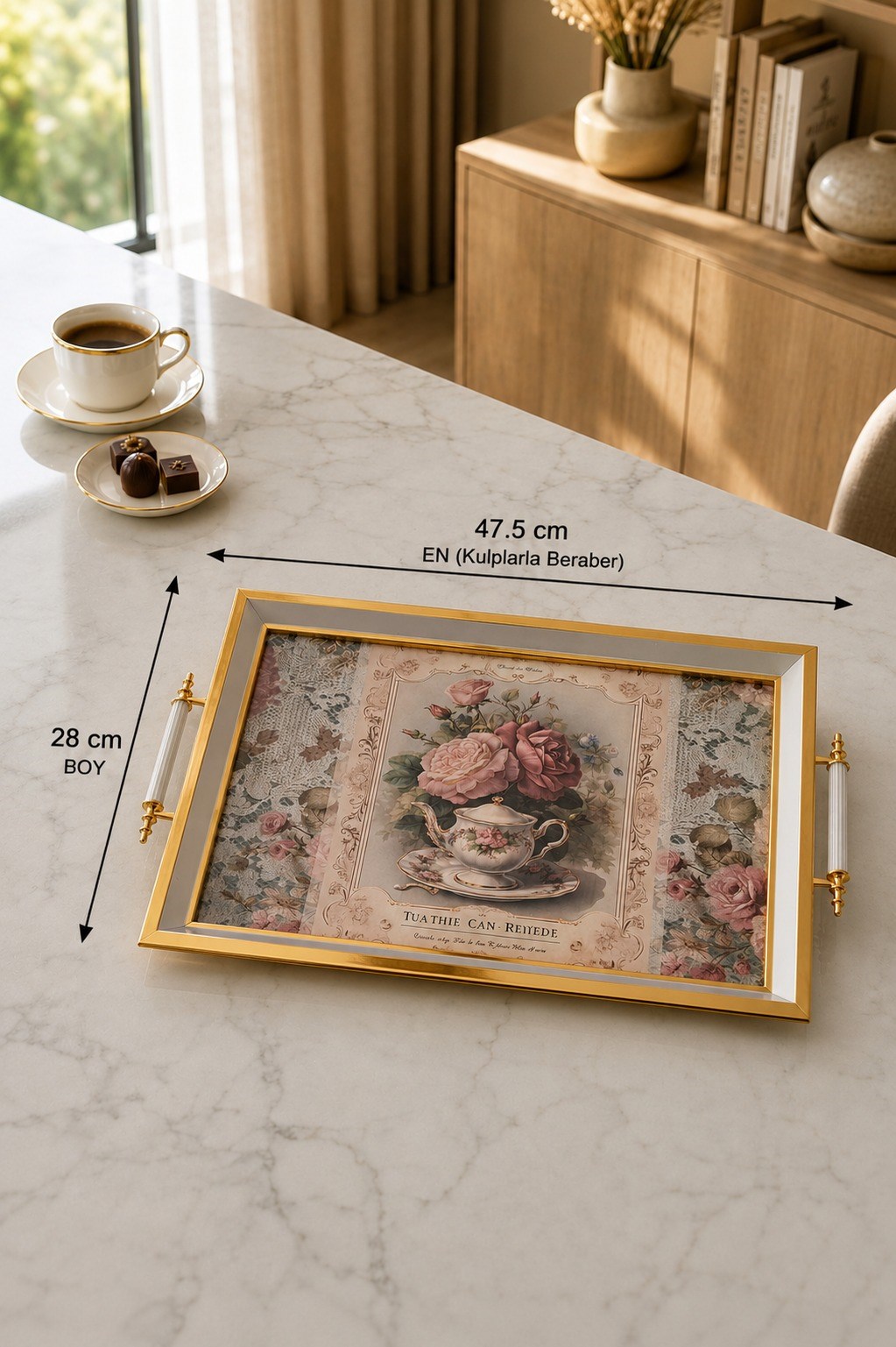 Minyatür Gül Demlik Motifli Dikdörtgen Tepsi 47.5x28 cm