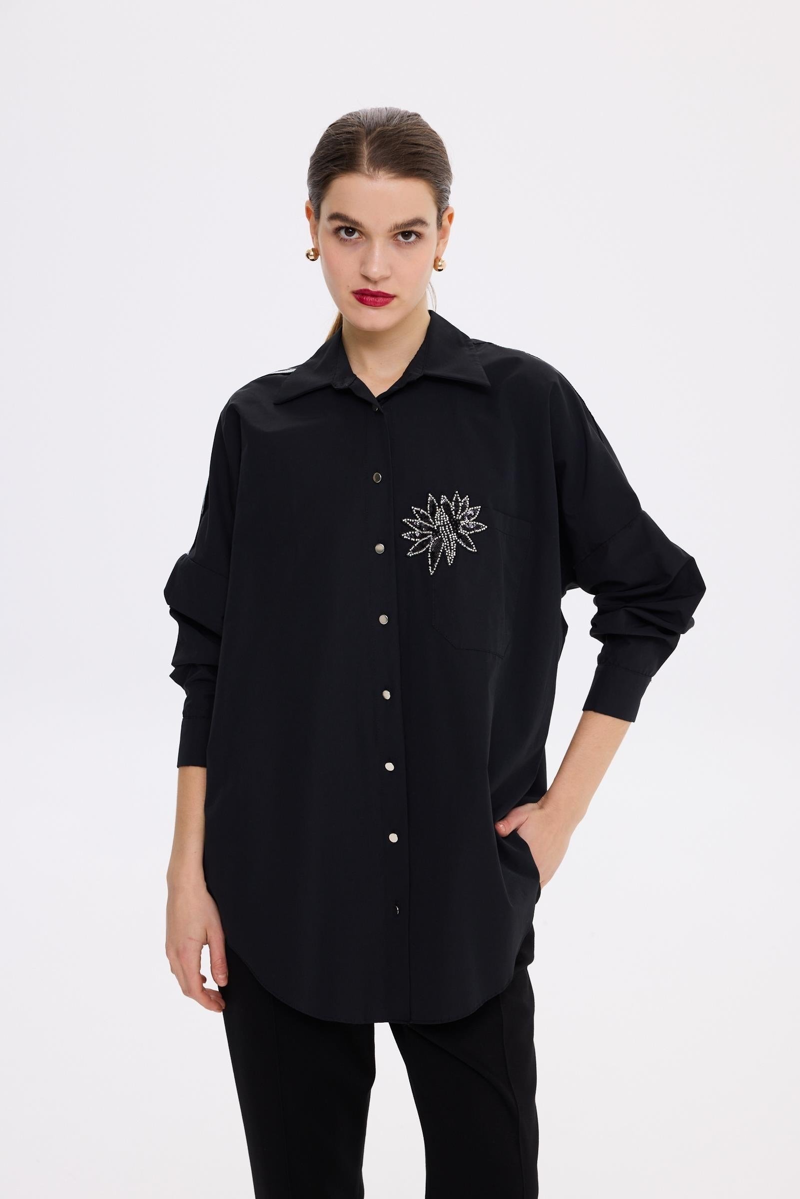 MİSSEMRAMİSS ELEGANT COMFORT GÖMLEK ÇİÇEK TAŞLI CEPLİ
