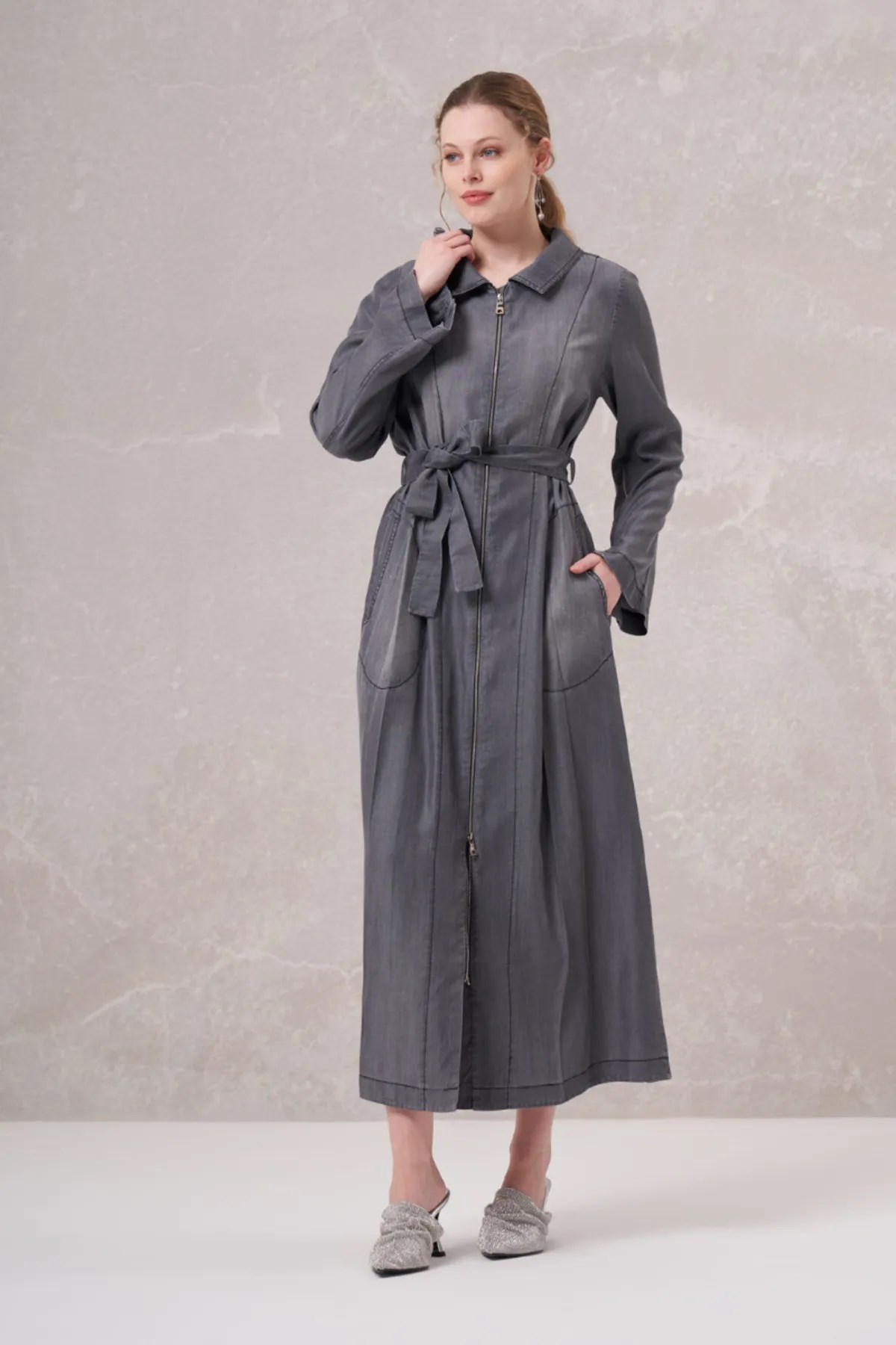 MİSSWHENCE 35518 FERMUARLI TENCEL KENDİNDEN BAĞLAMALI PARDESÜ