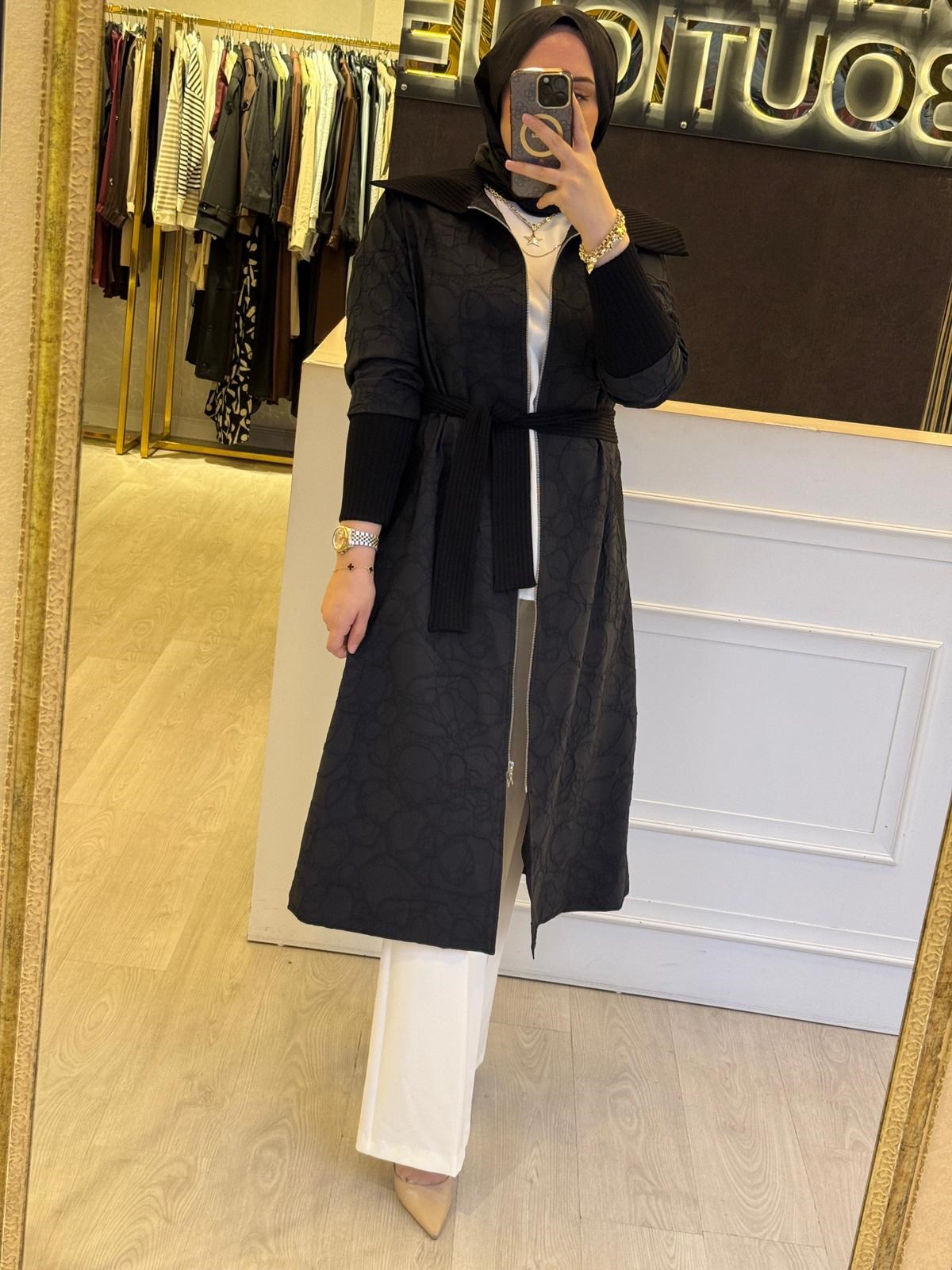 NUSS Kabartma Kumaş Triko Kemer Hediyeli Uzun Kap