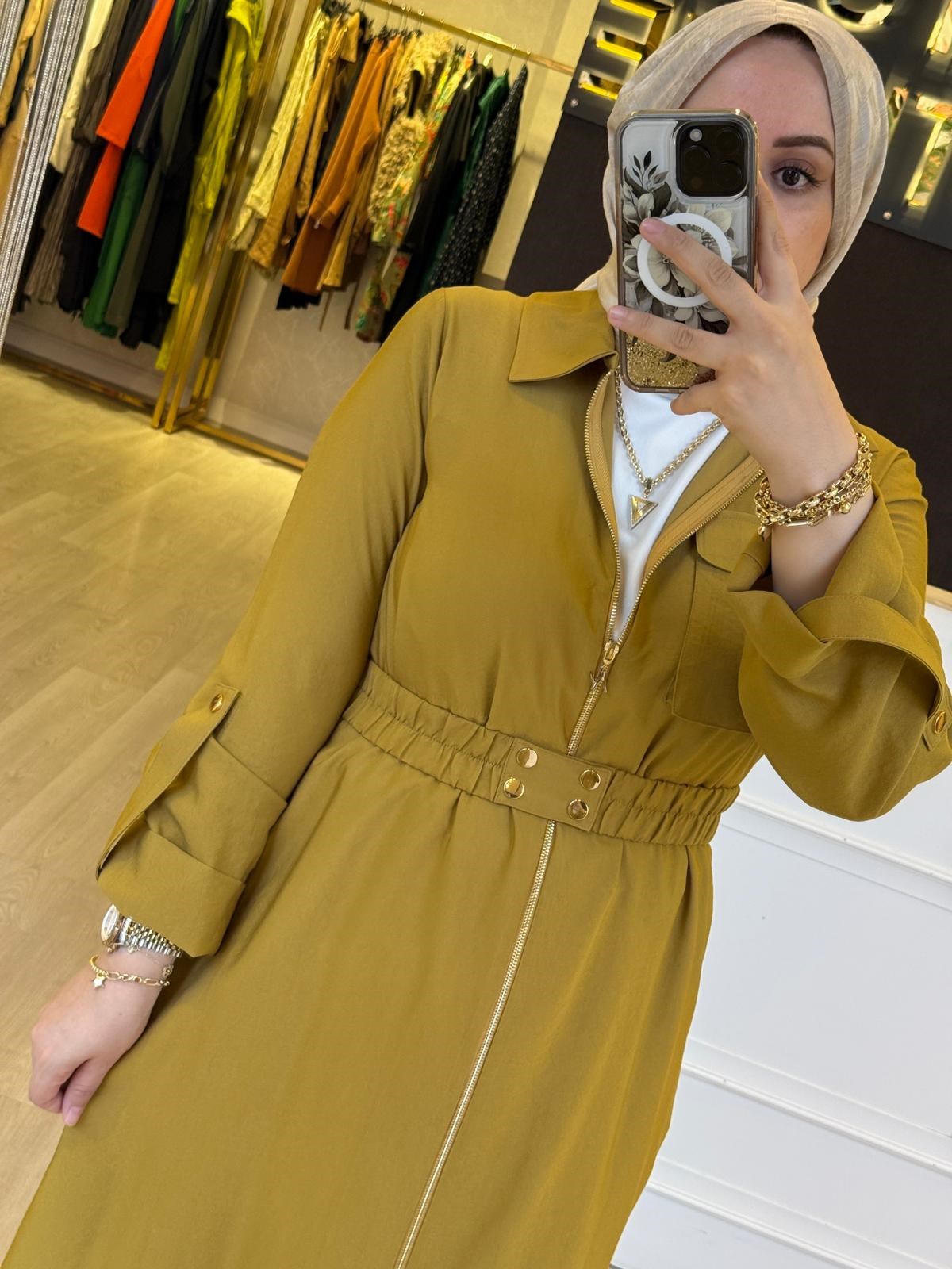 NUSS Kemer Hediyeli Önden Fermuarlı Uzun Kap Elbise