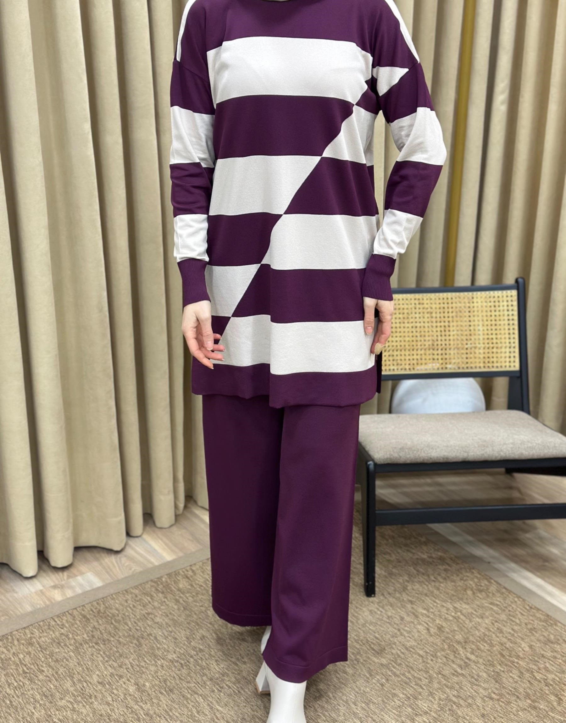 NUSS Merserize Enine Çizgili Sweat Pantolon Takım
