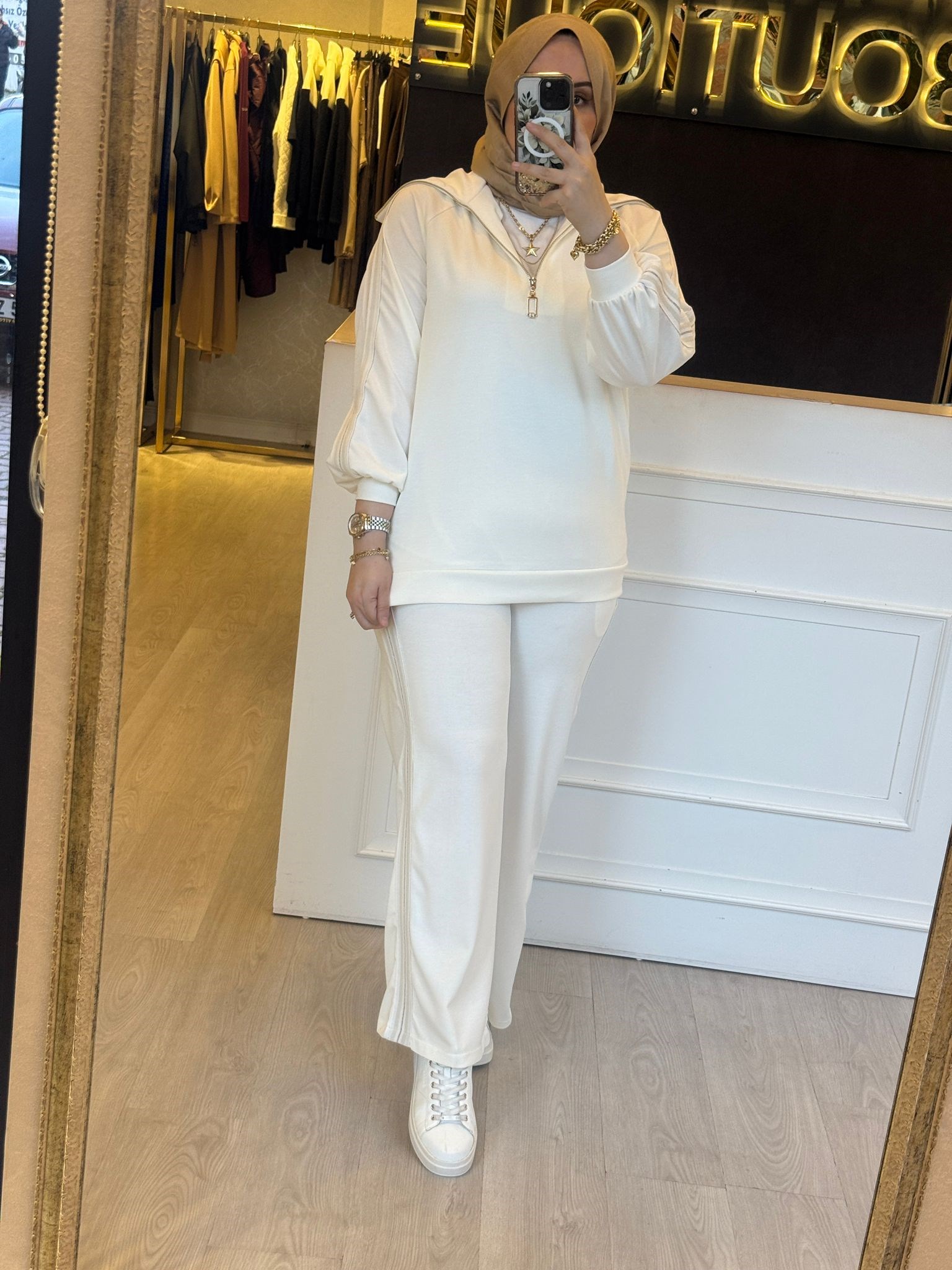 NUSS Şerit Detaylı Yarım Fermuarlı Tunik Pantolon Takım