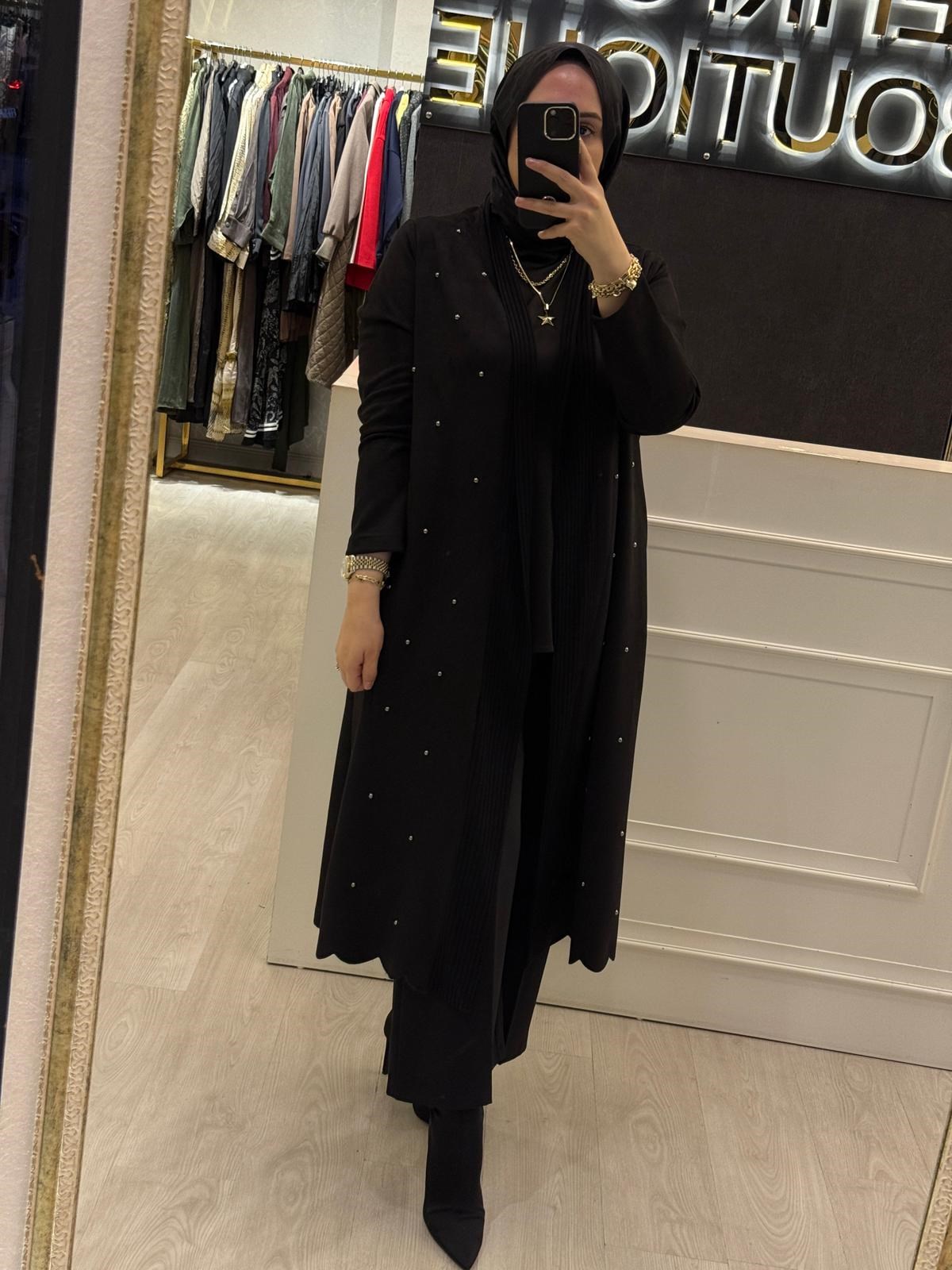 NUSS Top Boncuk İşlemeli Süet Mix Triko Uzun Kap