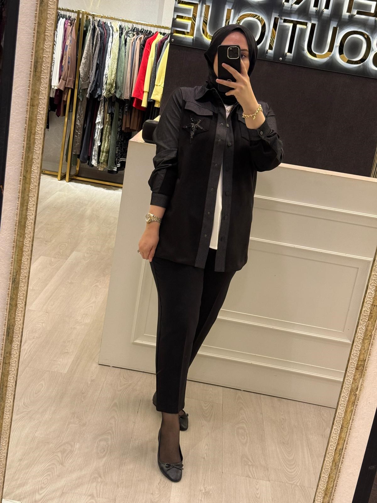 NUSS Yıldız Taş İşlemeli Çıtçıtlı Gömlek Tip Denim Kap