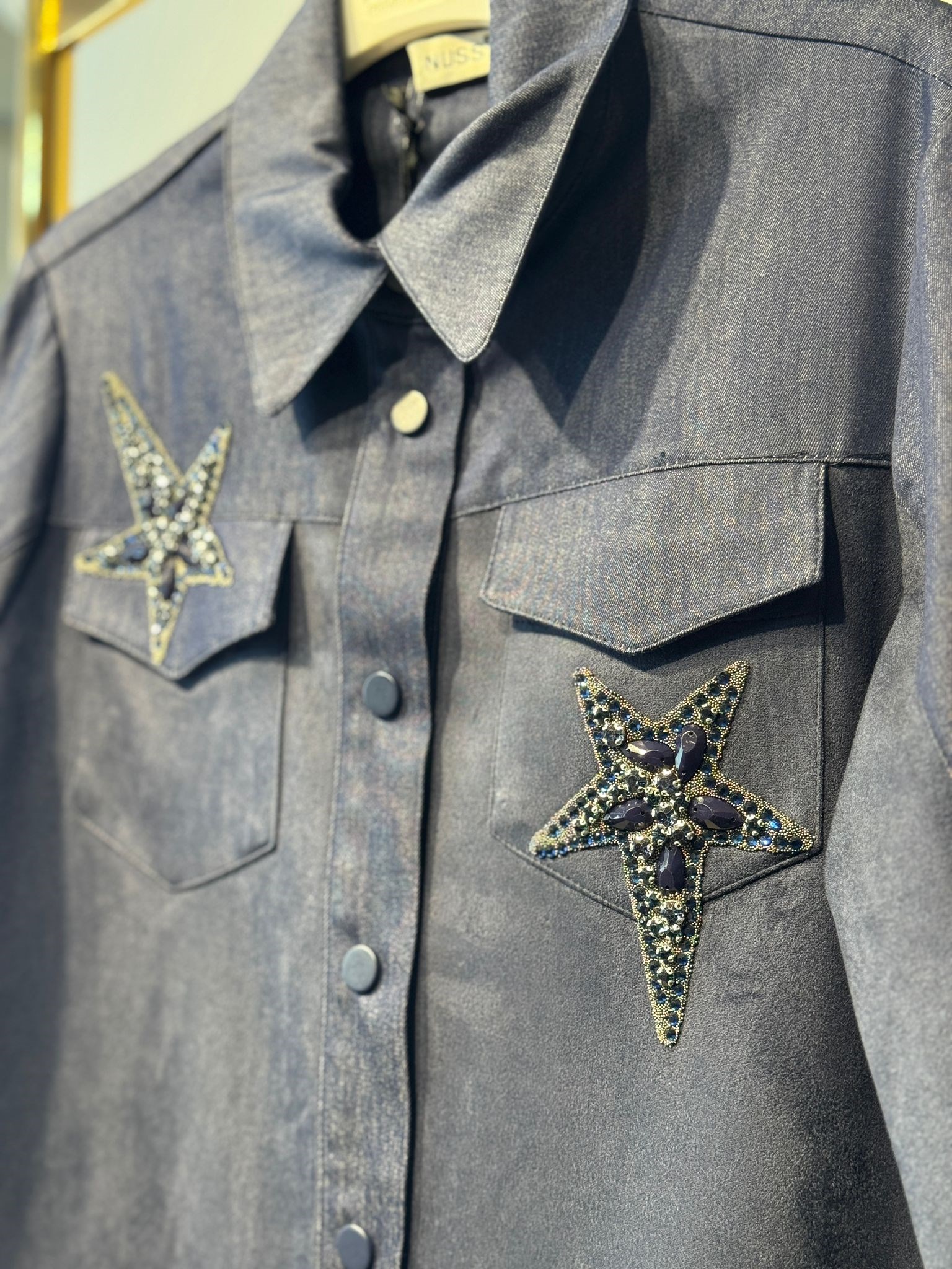 NUSS Yıldız Taş İşlemeli Çıtçıtlı Gömlek Tip Denim Kap