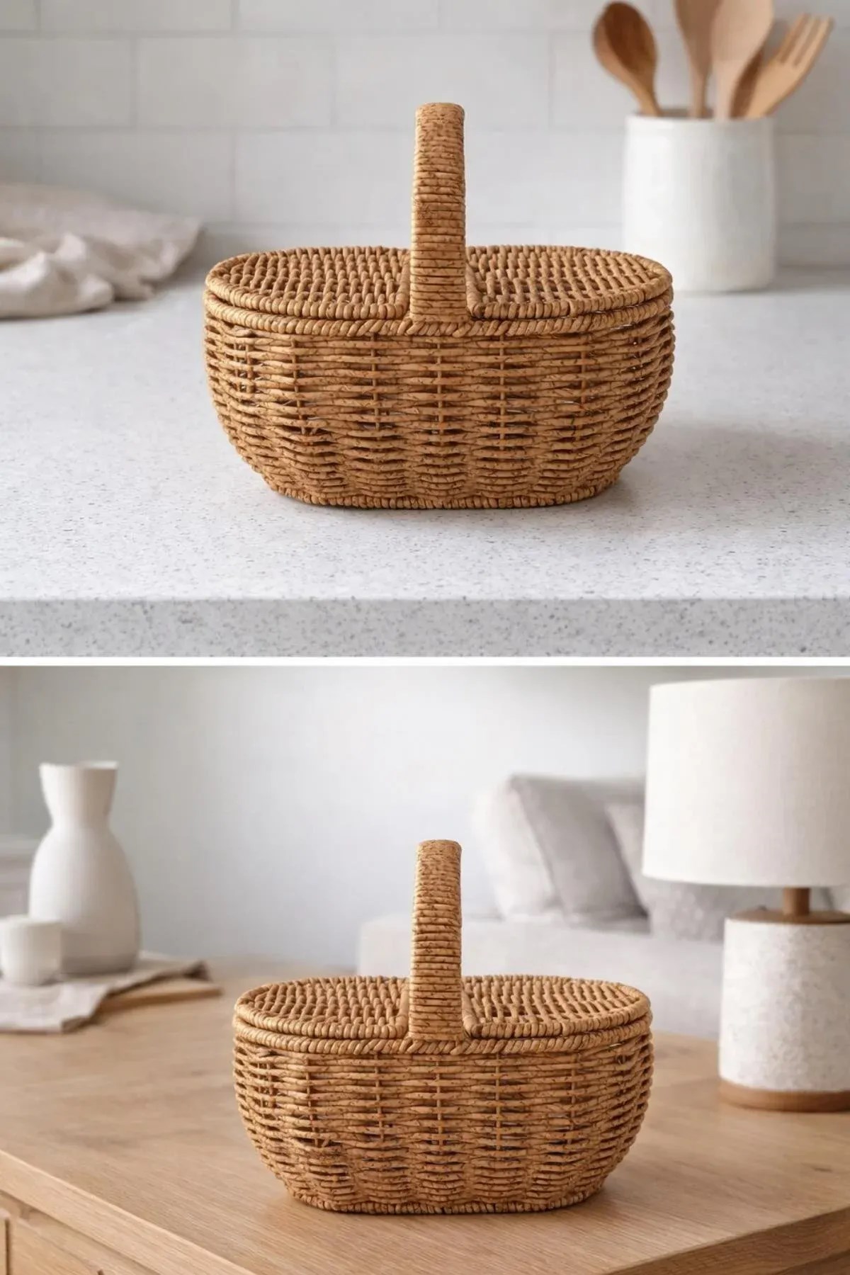 Oval Hasır Rattan Mini Kulplu Organizer Sepet 10,5x22,