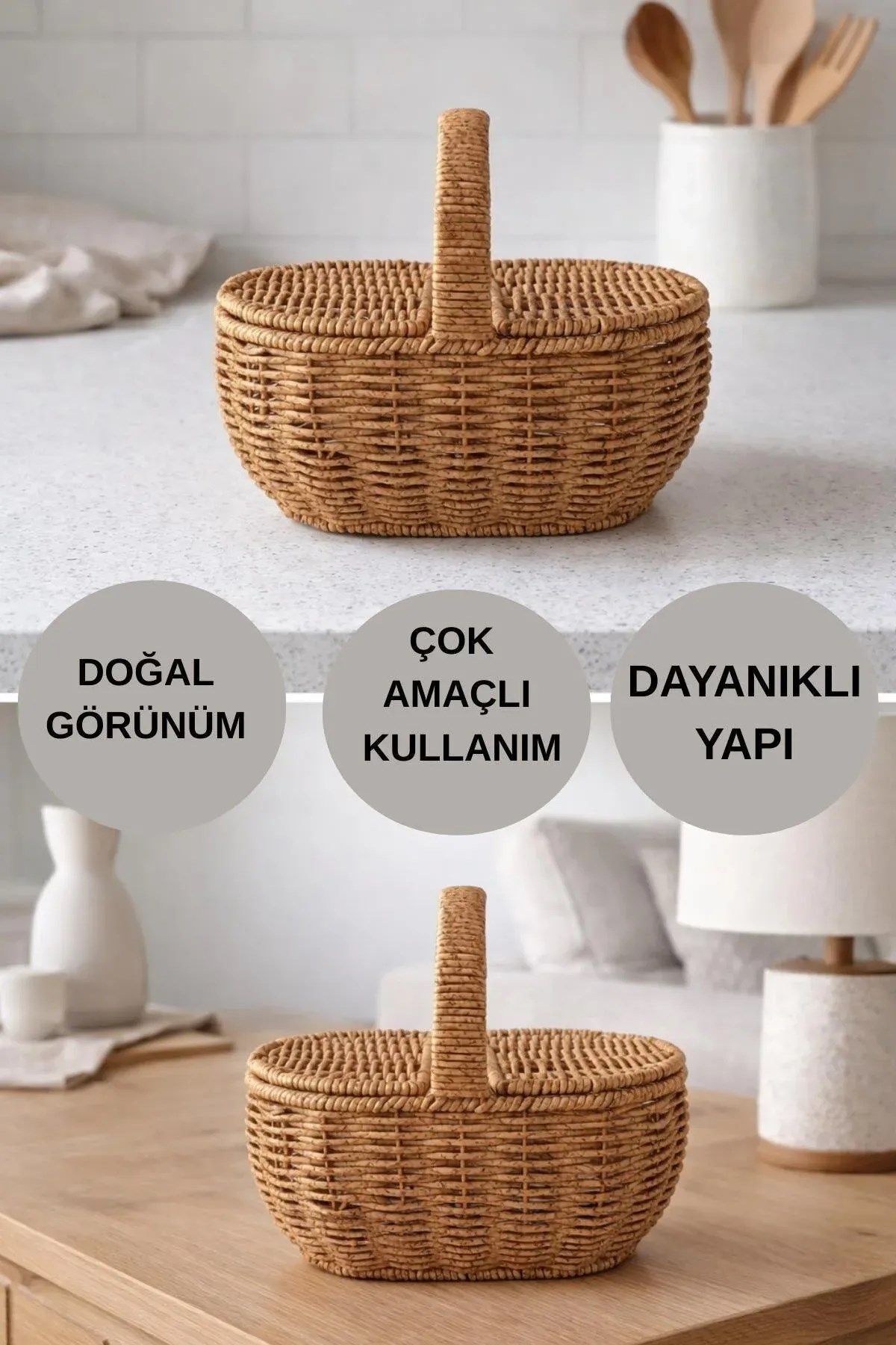 Oval Hasır Rattan Mini Kulplu Organizer Sepet 10,5x22,
