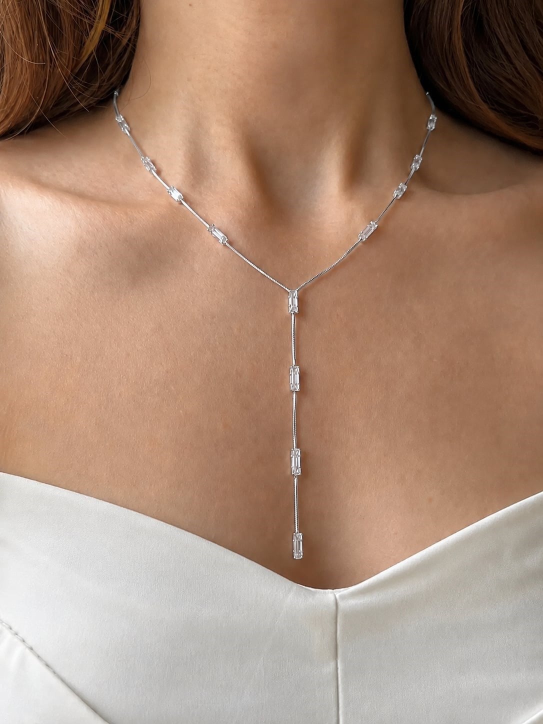 Özel Seri Silver Baget Taş Detaylı Y Kolye