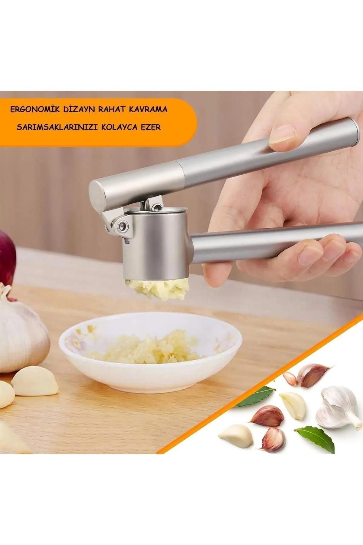 Paslanmaz Çelik Koncıs Sarımsak Ezici - Pratik Lüks Hazneli Sarımsak Ezeceği - Yuvarlak Gri Ezecek